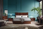 Bellagio modern bedroom set with wooden bed, nightstands, and decor against a teal wall.