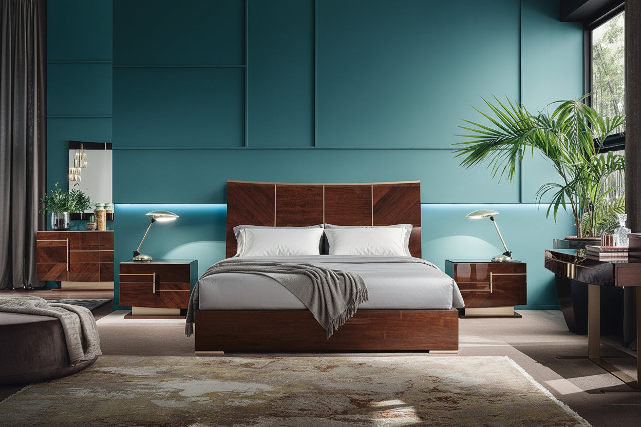 Bellagio modern bedroom set with wooden bed, nightstands, and decor against a teal wall.