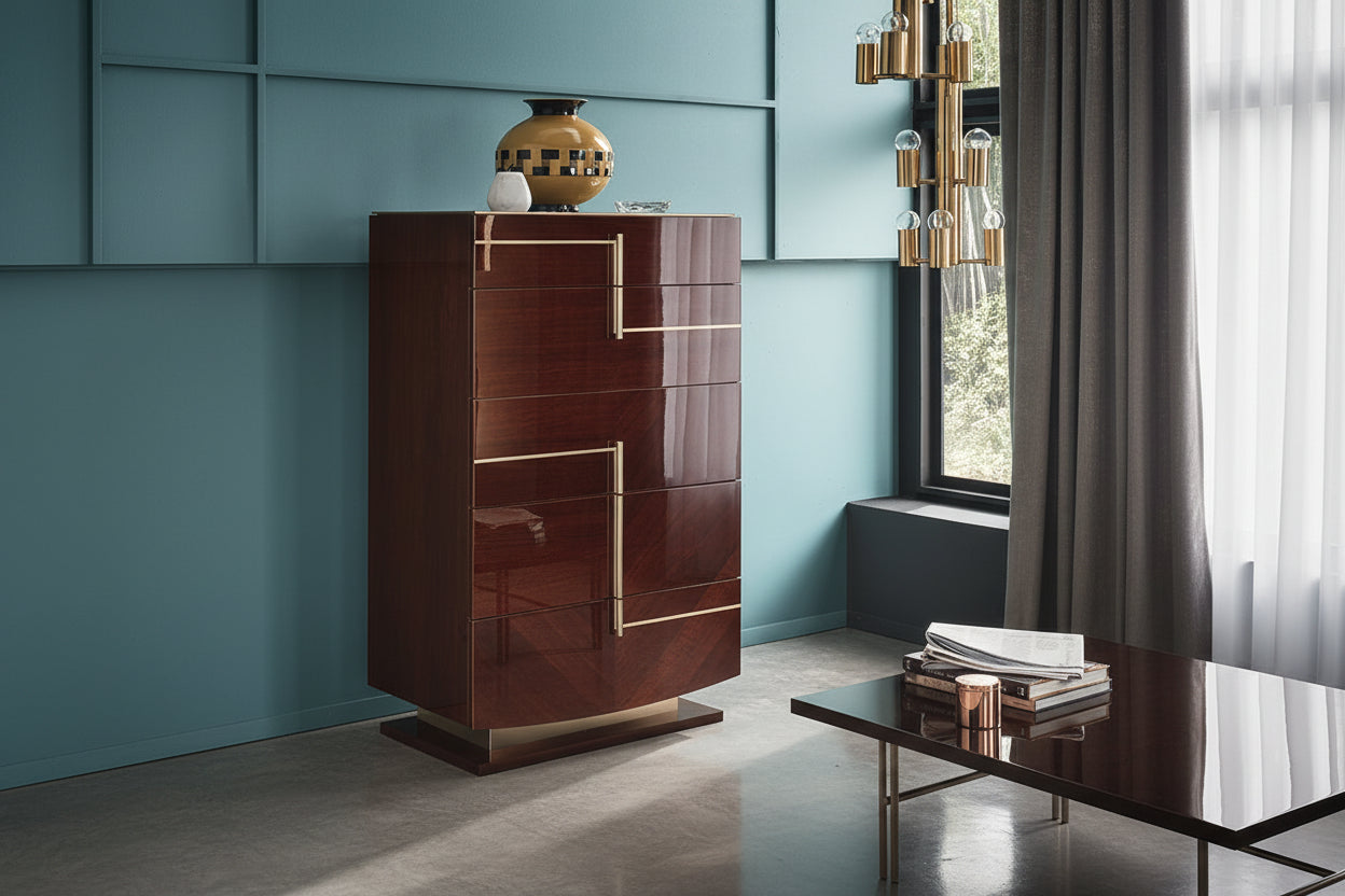 Bellagio chest with decorative elements in a stylish room with blue walls and a window.