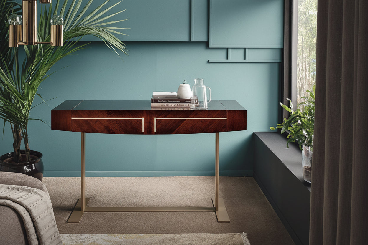 Bellagio modern vanity with decorative items against a teal wall