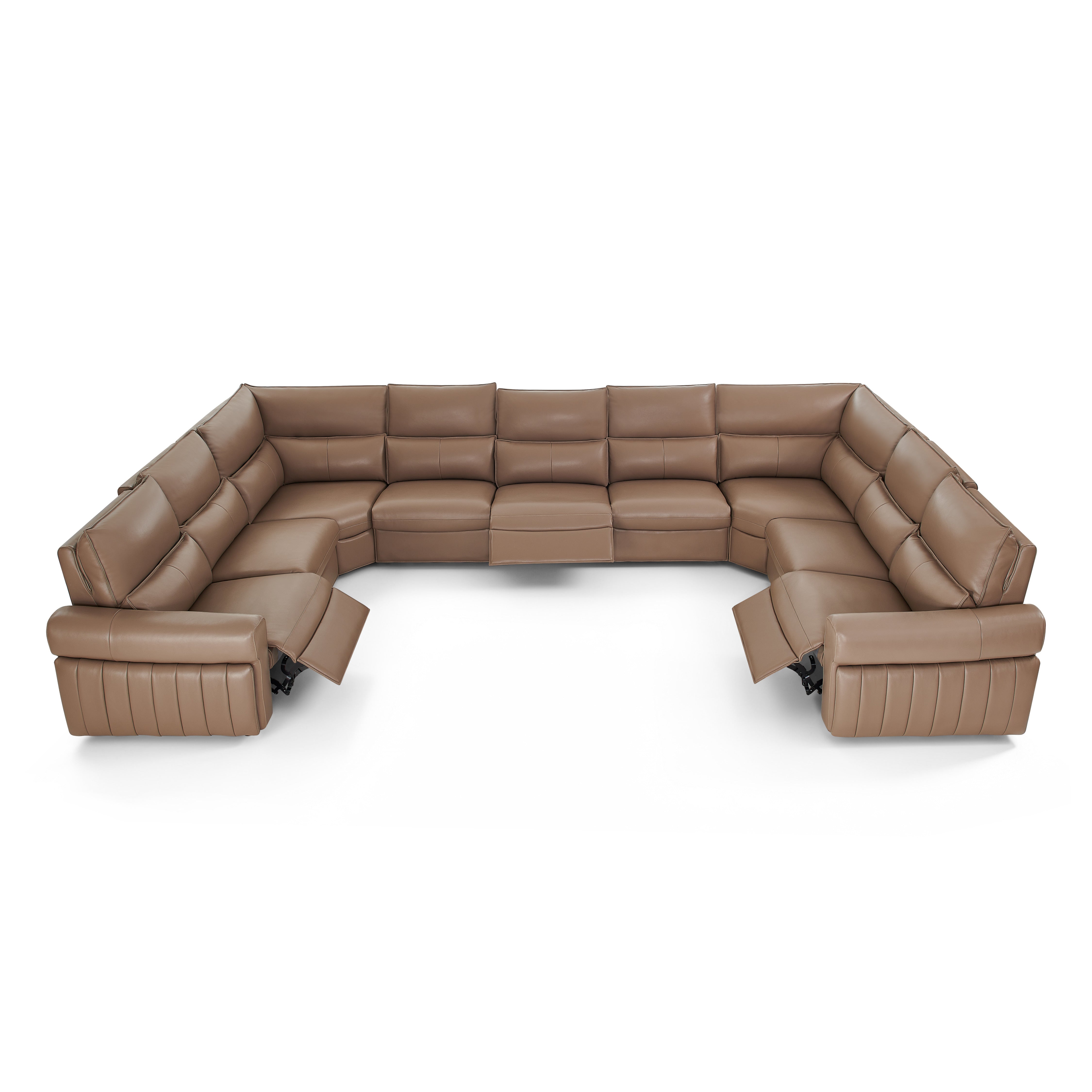Barga 9-Piece Leather Sectional with Three Power Recliners – Mud Yellow Leather