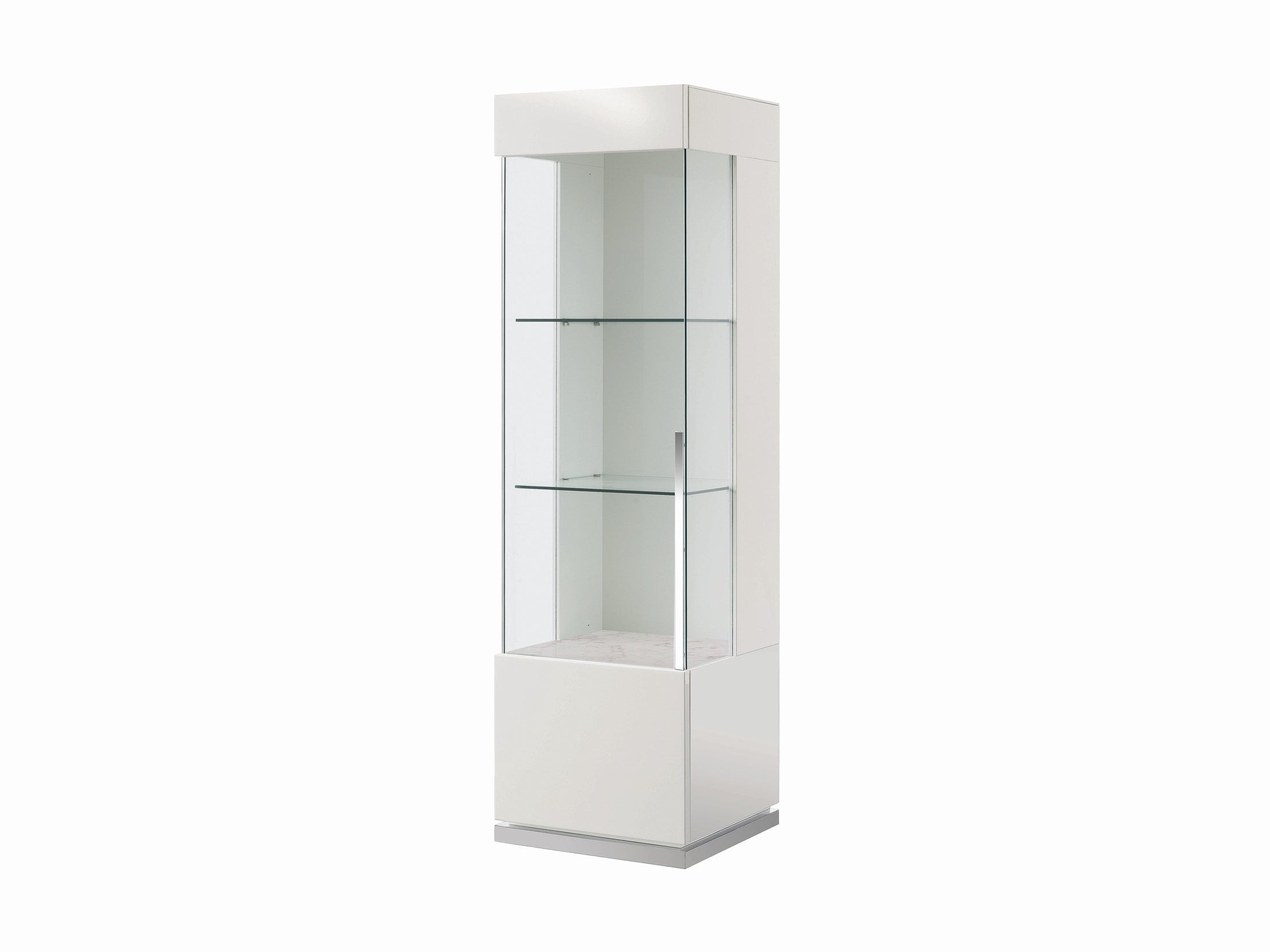 Canova tall glass display cabinet with white base and top on a white background.