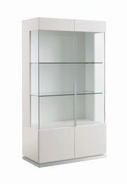 Canova white display cabinet with glass shelves on a white background.