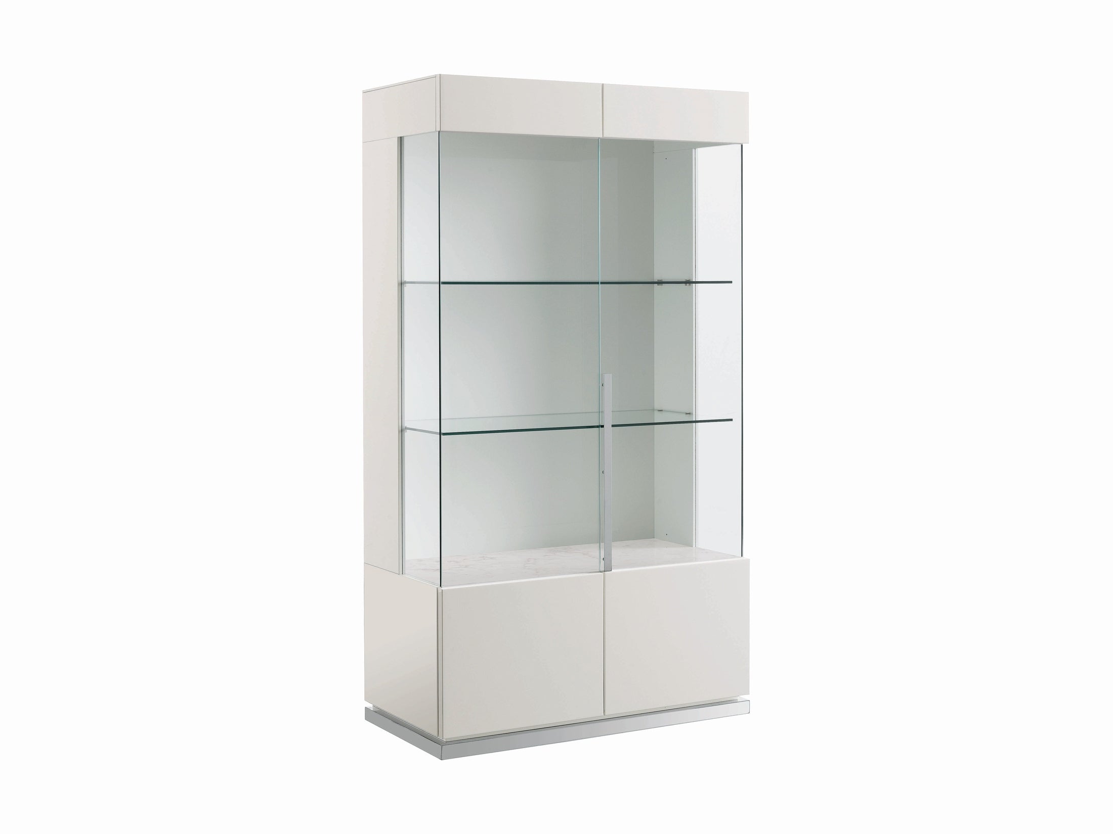 Canova white display cabinet with glass shelves on a white background.