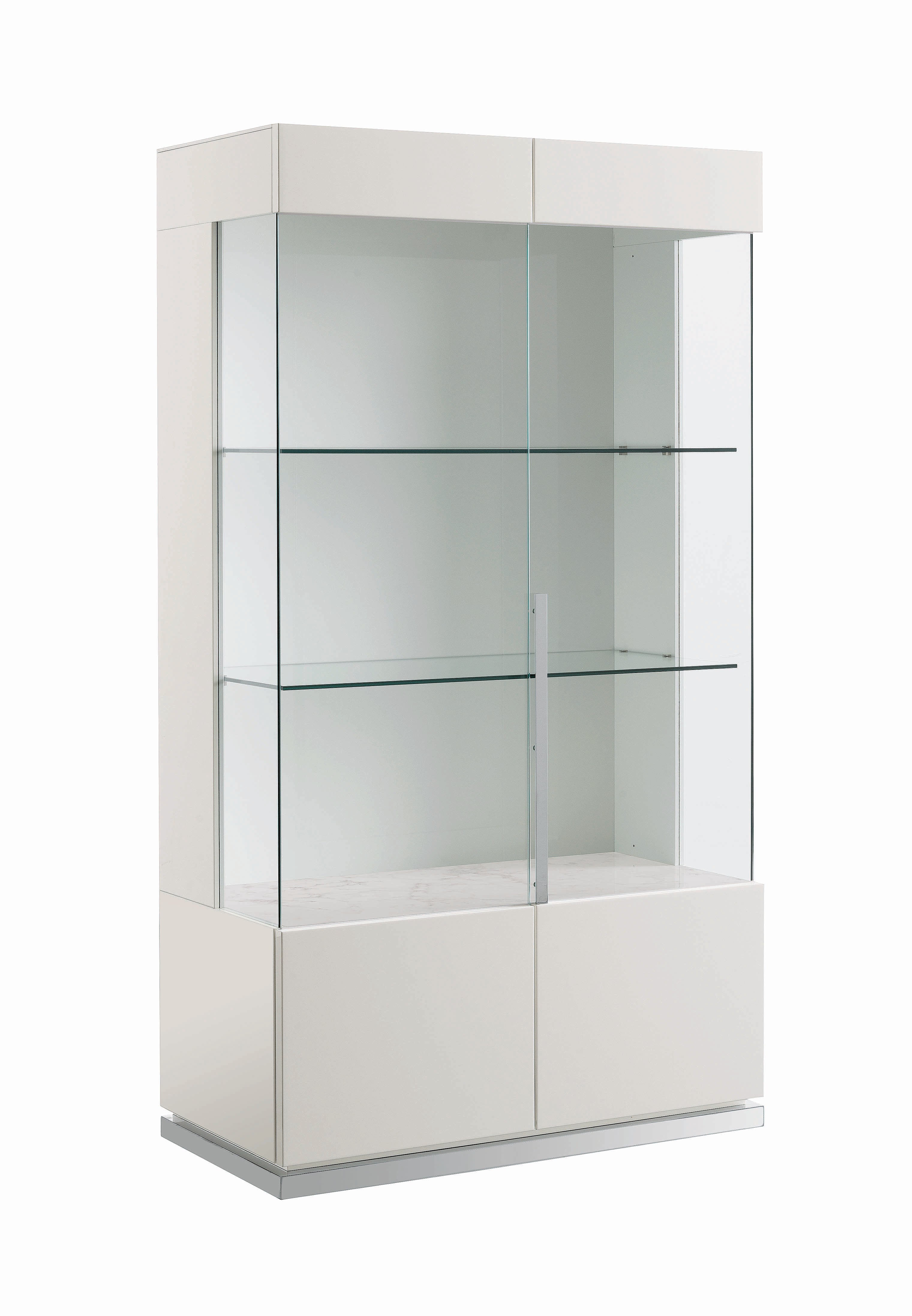 Canova white display cabinet with glass shelves on a white background.