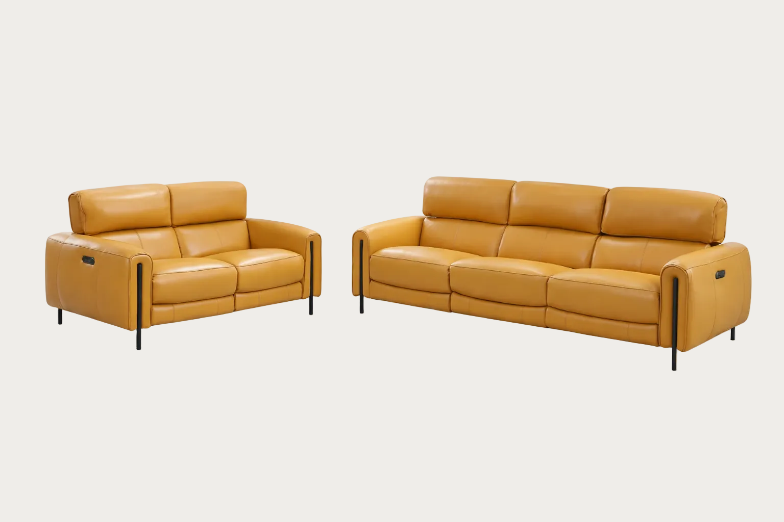 Charm honey yellow leather sofas on a white background.
