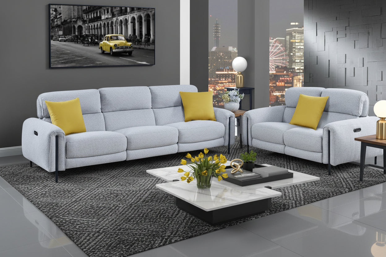 Charm frost sofa set with yellow cushions in a modern living room setting.