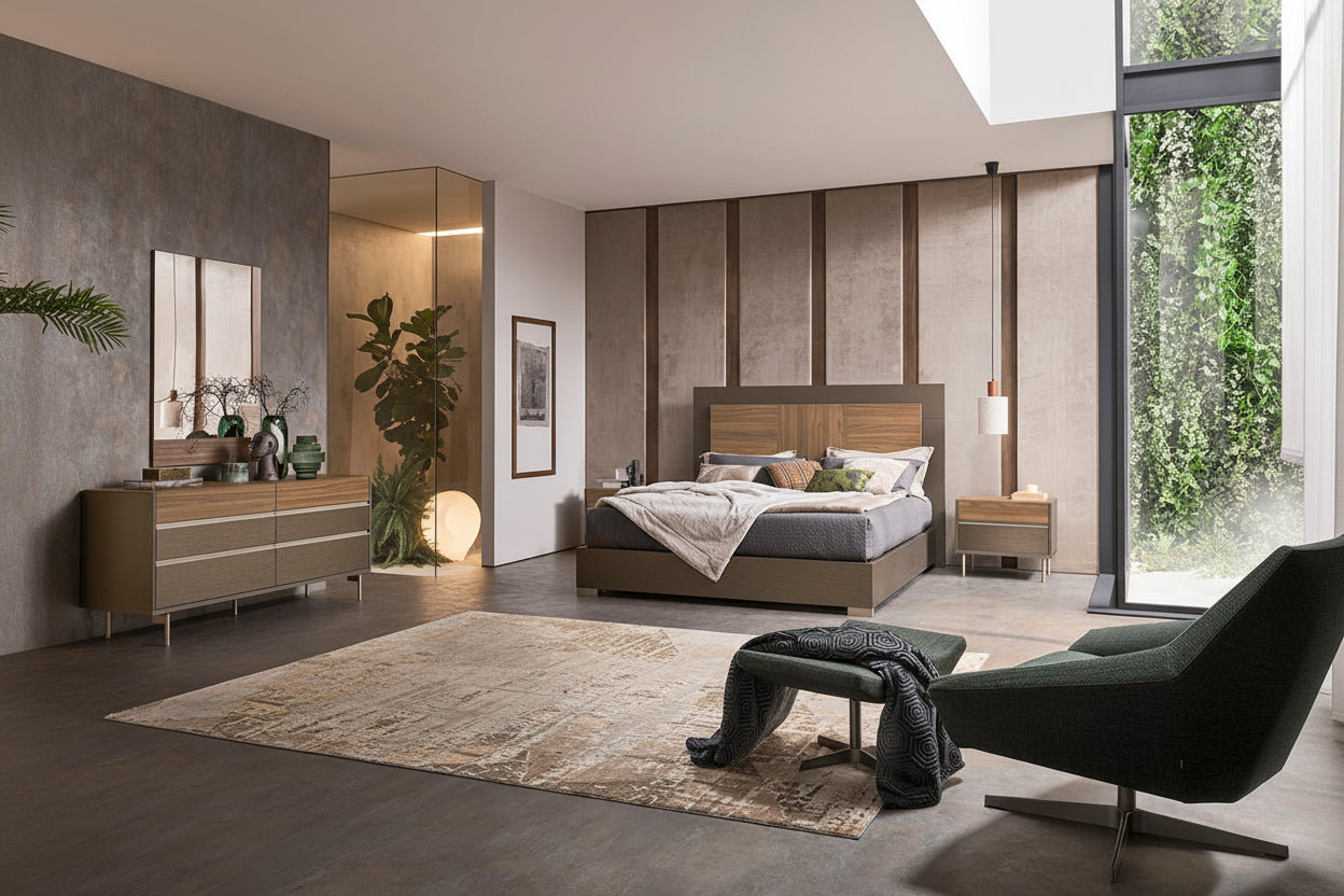 City Life Modern bedroom set with a bed, side tables, and a chair in a well-lit room.