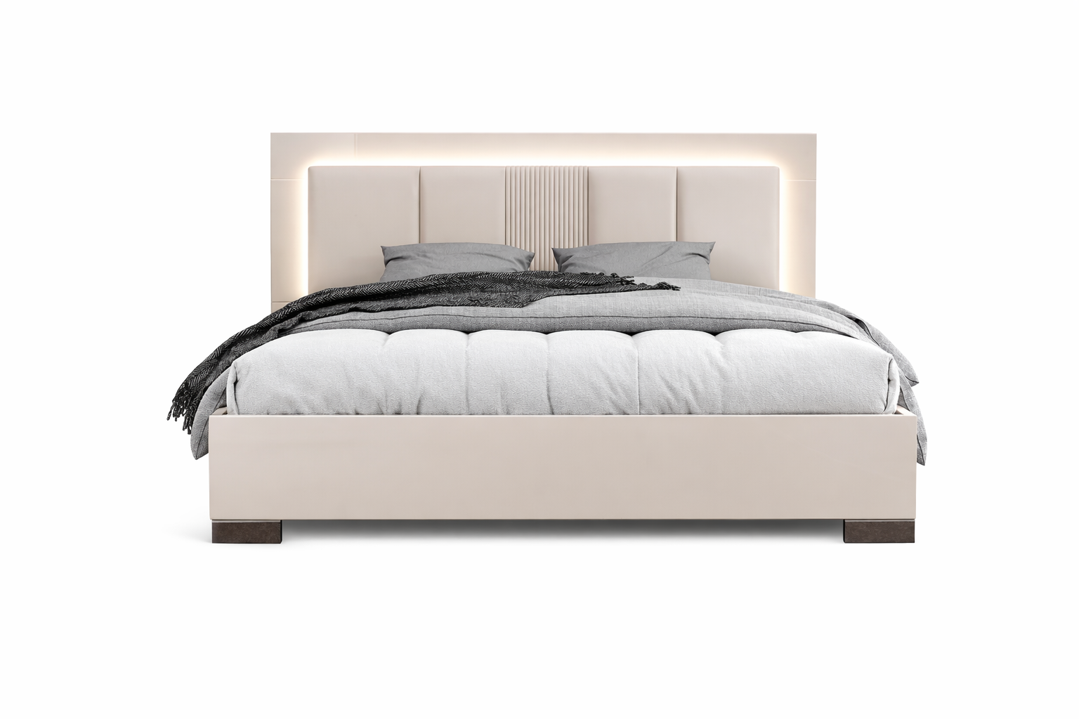 Claire eige upholstered bed with LED lighting on a white background