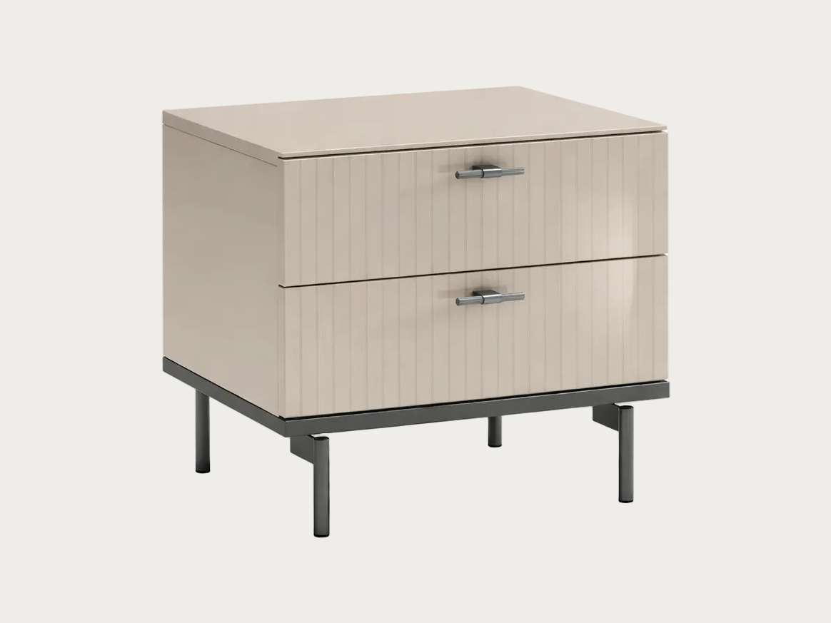 Calire beige two-drawer nightstand on a white background.