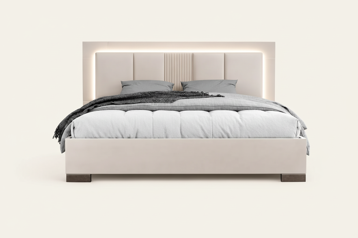 Claire beige upholstered bed with LED lighting on a white background