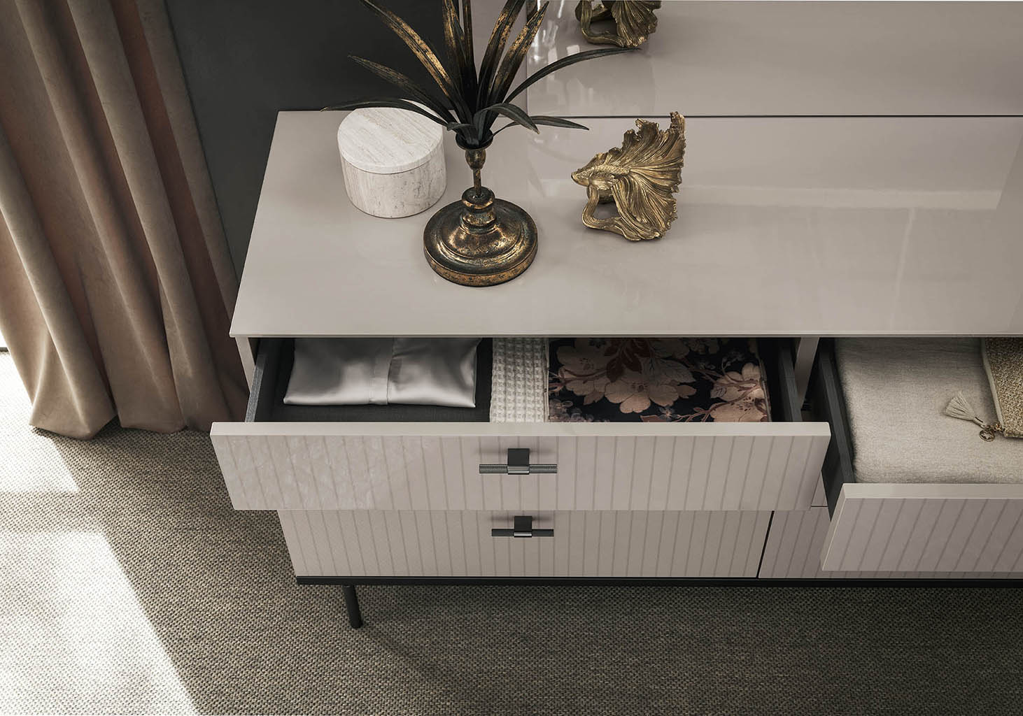 claire modern drawer dresser Elegant Claire Dresser with a High Gloss Pearl Finish