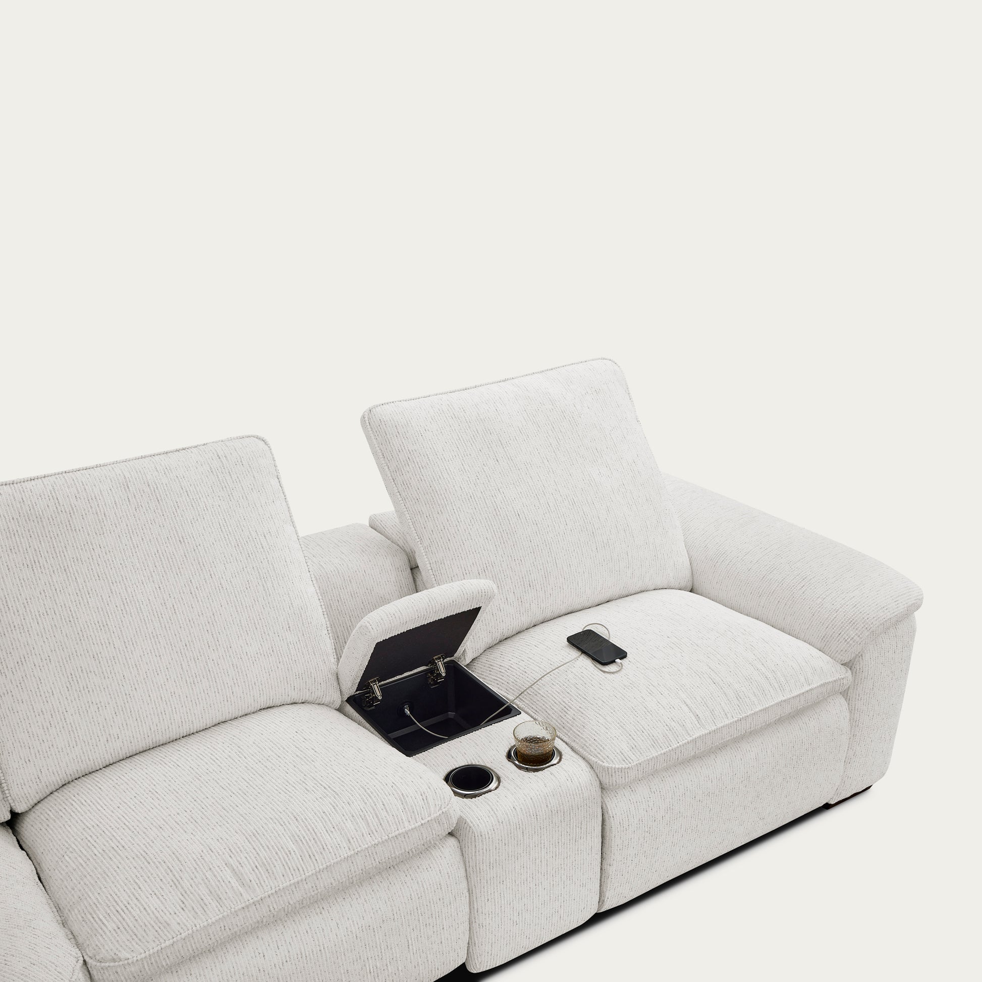 Cloudy white sectional sofa with cup holders details