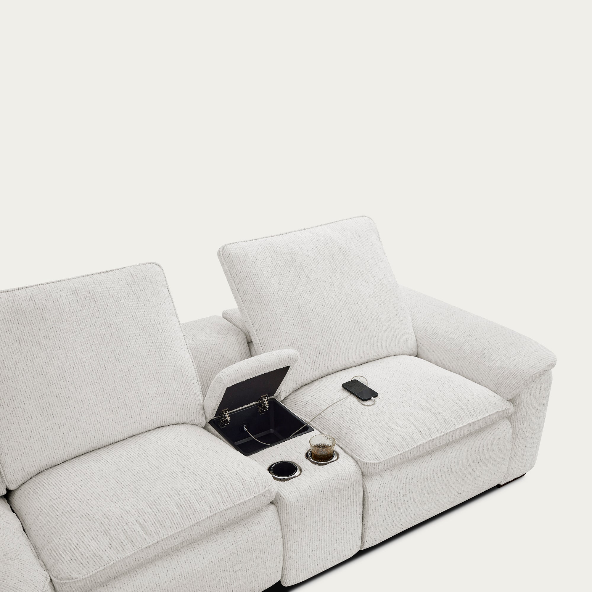 Cloudy white sectional sofa with cup holders details