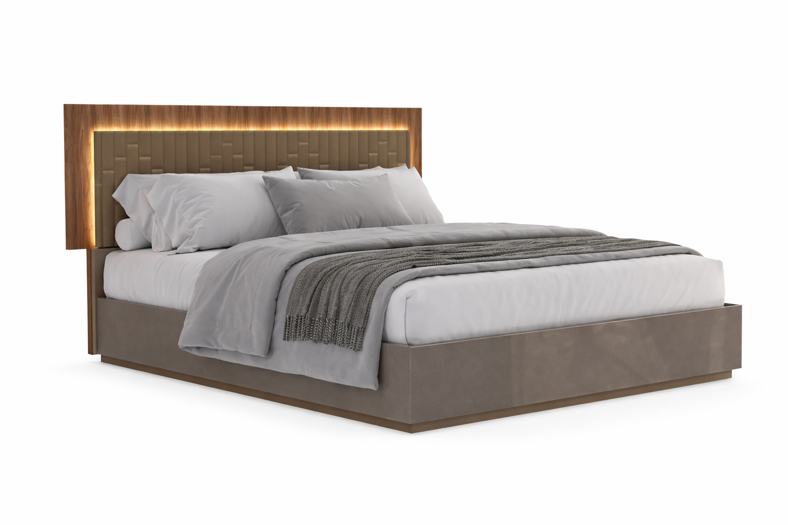 Corso Como bed with wooden headboard and gray bedding on a white background.
