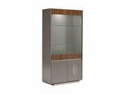 Tall glass display cabinet with wooden accents on a white background