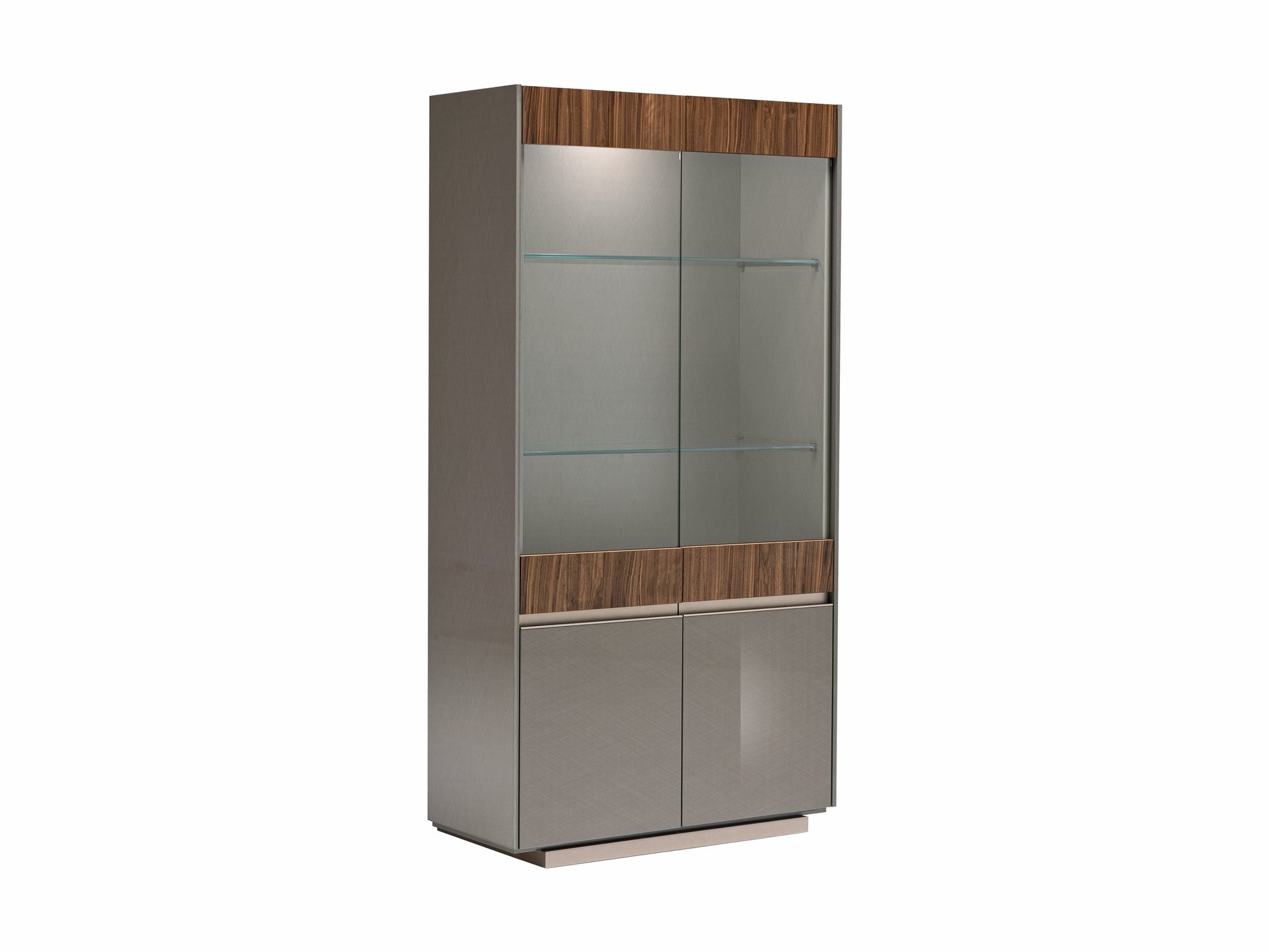 Tall glass display cabinet with wooden accents on a white background
