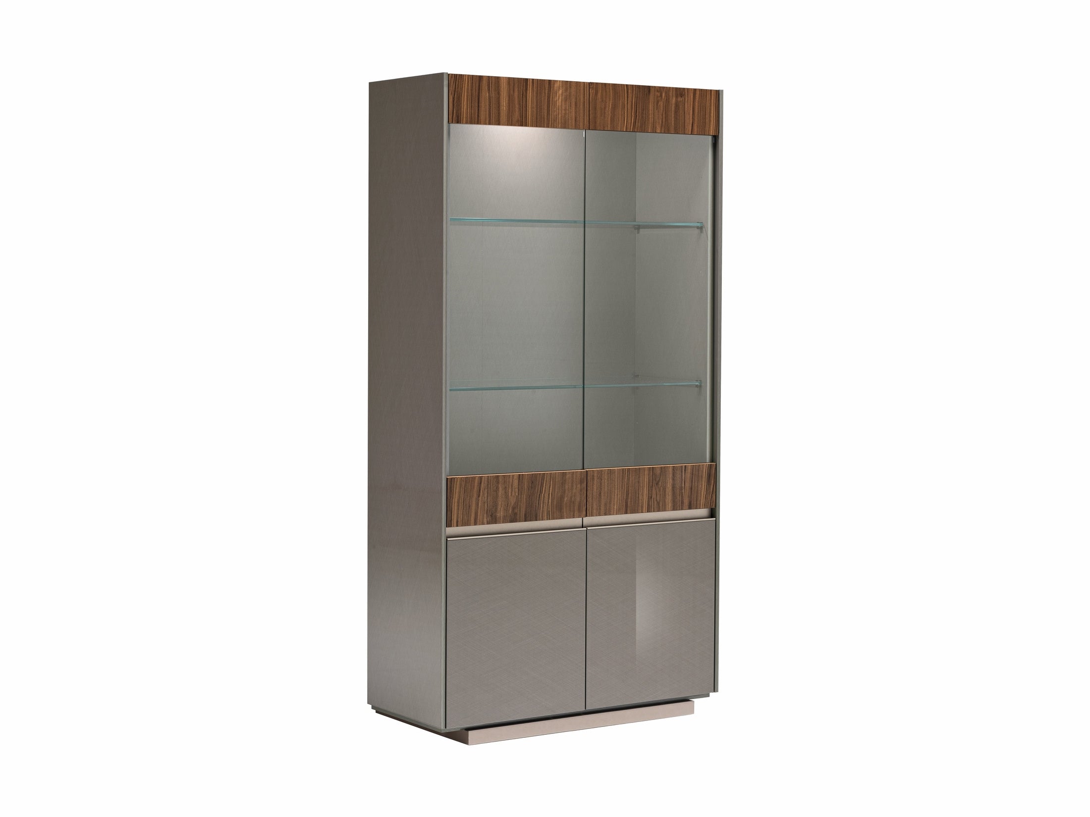 Tall glass display cabinet with wooden accents on a white background