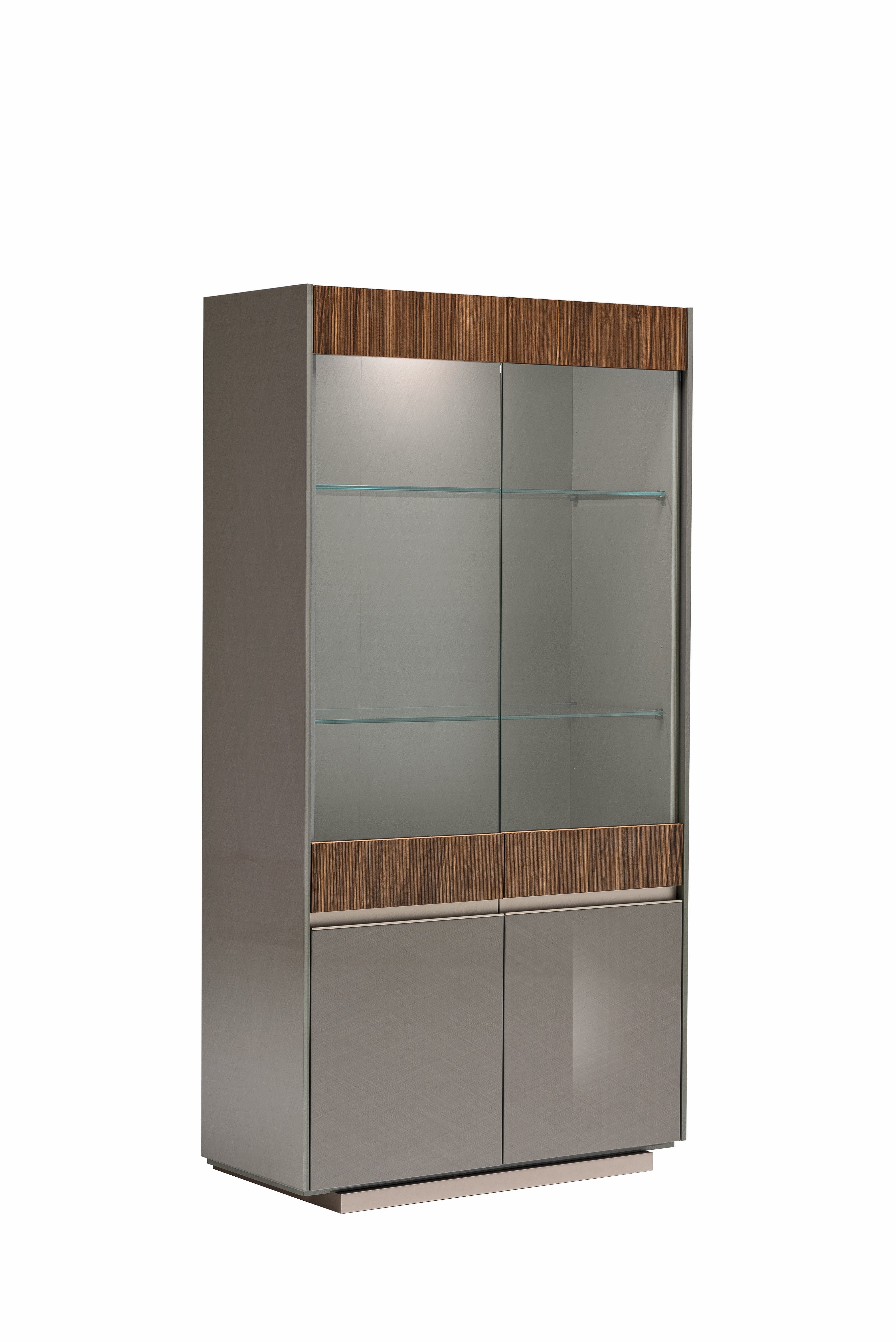 Tall glass display cabinet with wooden accents on a white background