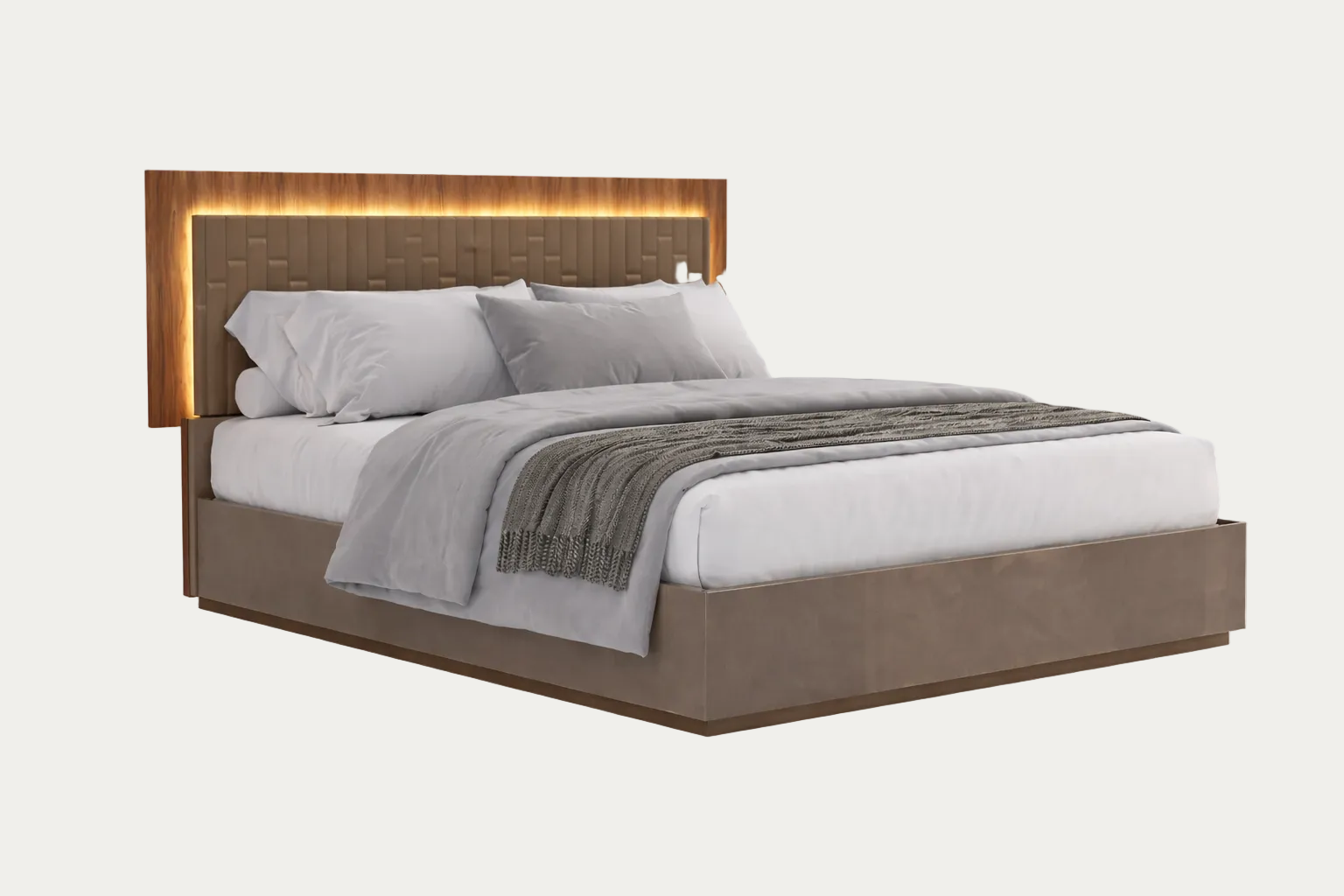 Corso Como bed with wooden headboard and LED lighting on a white background.