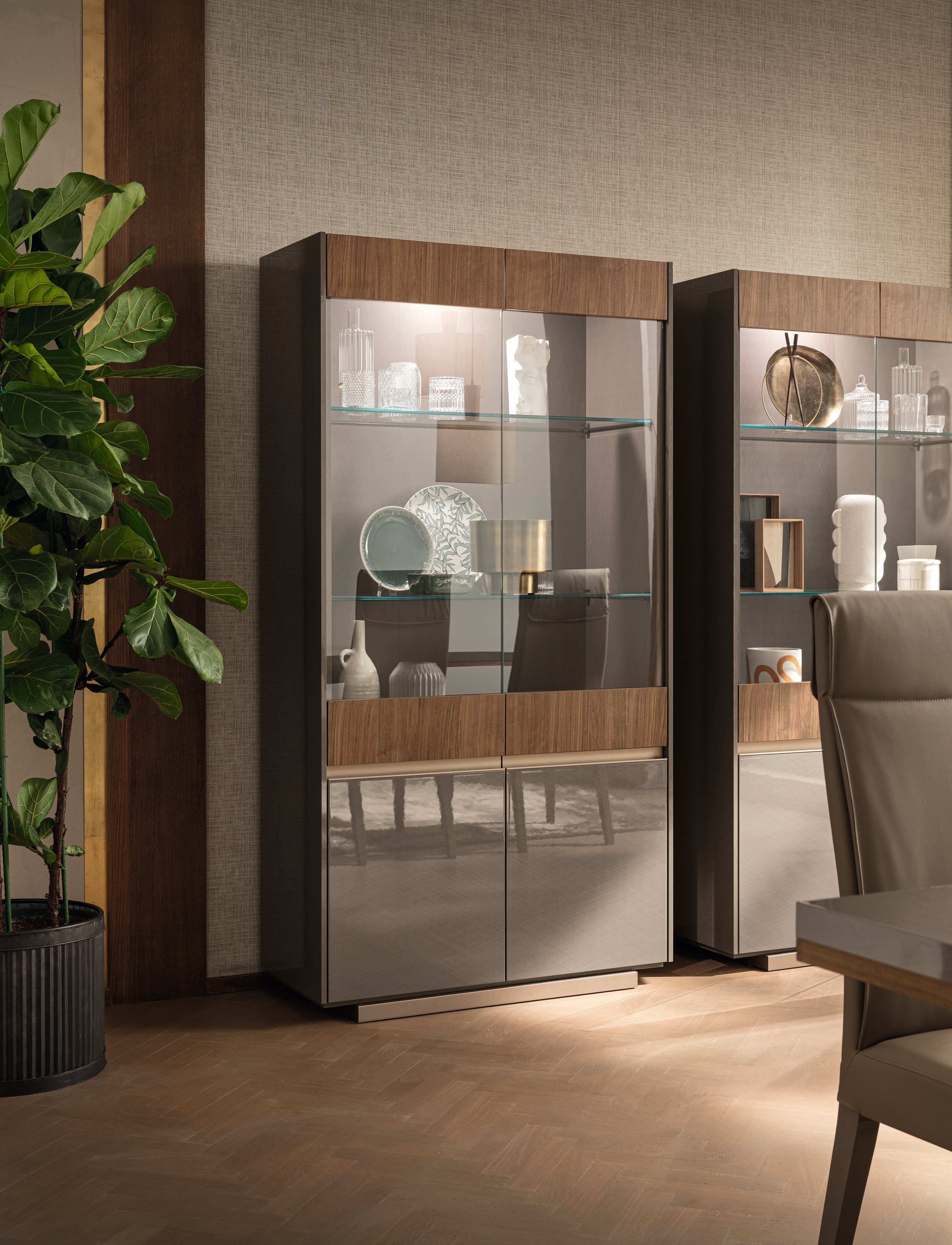 Modern glass display cabinets in a room with a plant and chair.