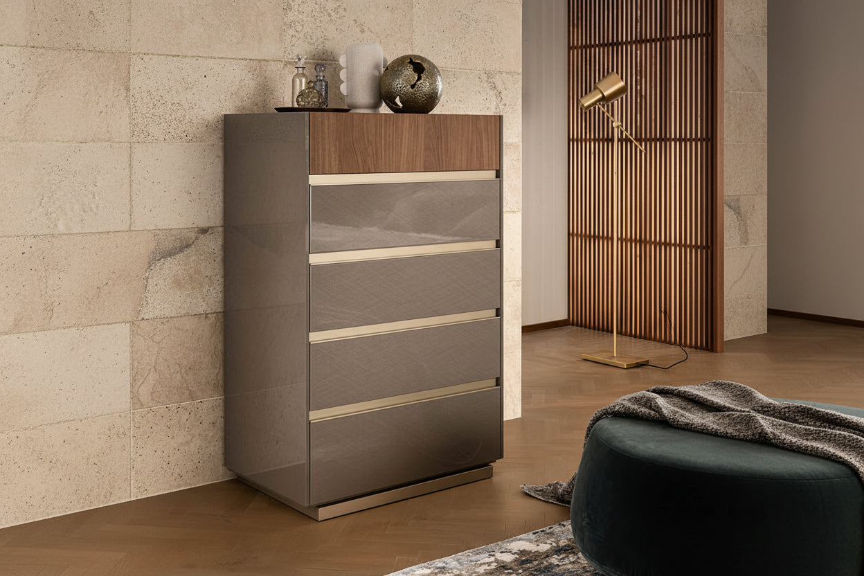 Corso Como modern chest of drawers with a wooden top and metallic base in a room setting.