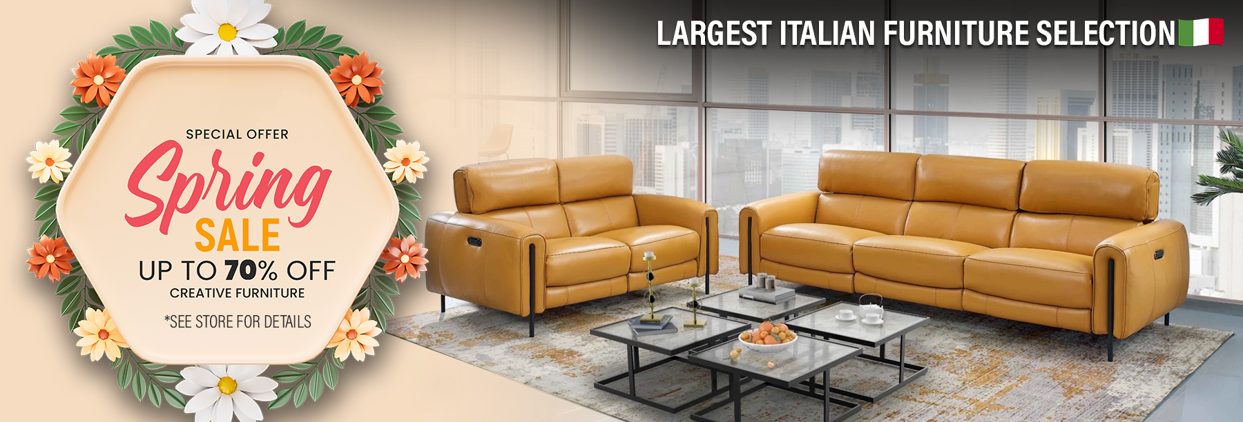 Promotional banner for a spring sale on Italian furniture with leather sofas and decorative elements.