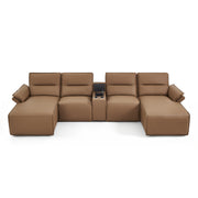 Crown 5-Piece Leather Sectional with Dual Chaises & Cupholder Console