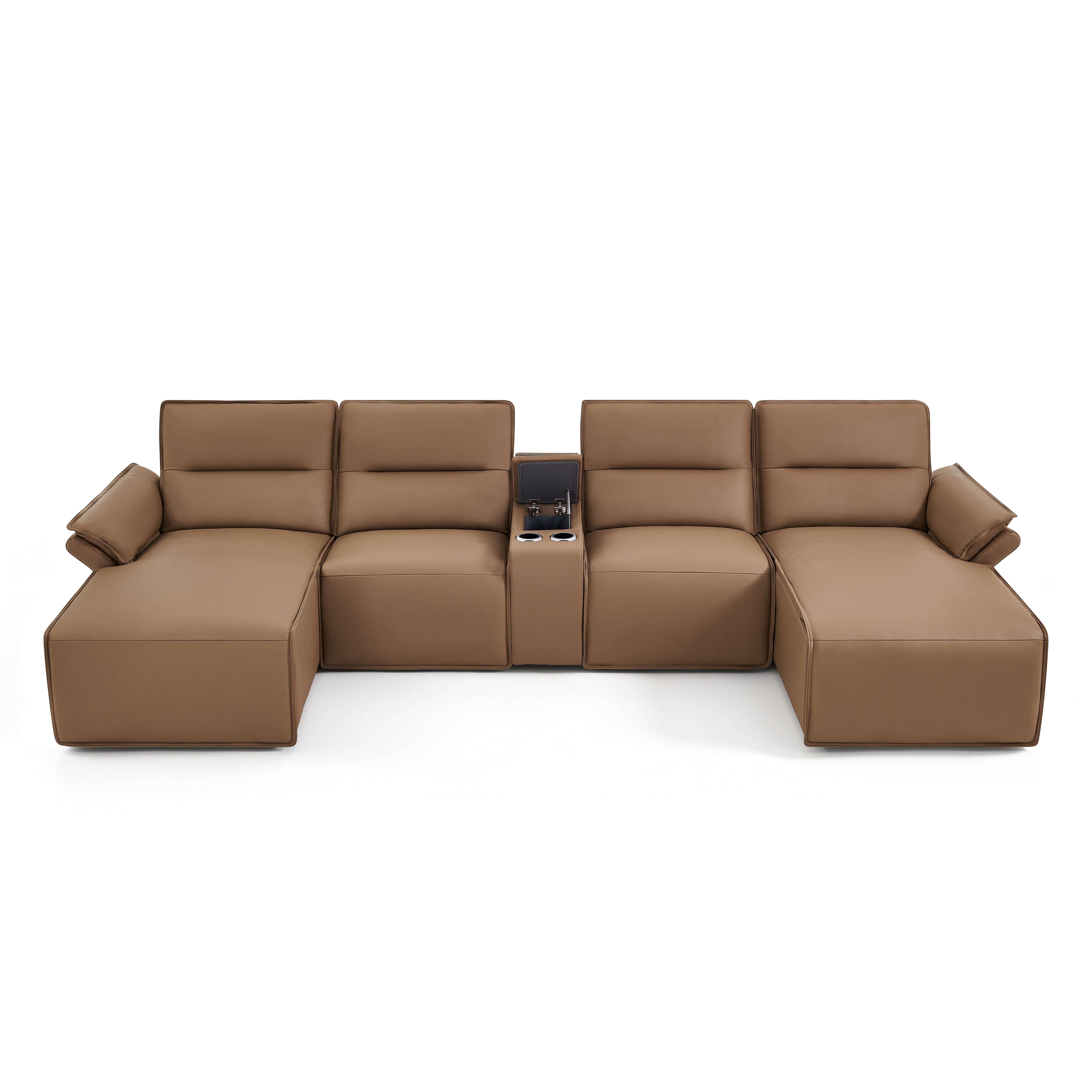 Crown 5-Piece Leather Sectional with Dual Chaises & Cupholder Console
