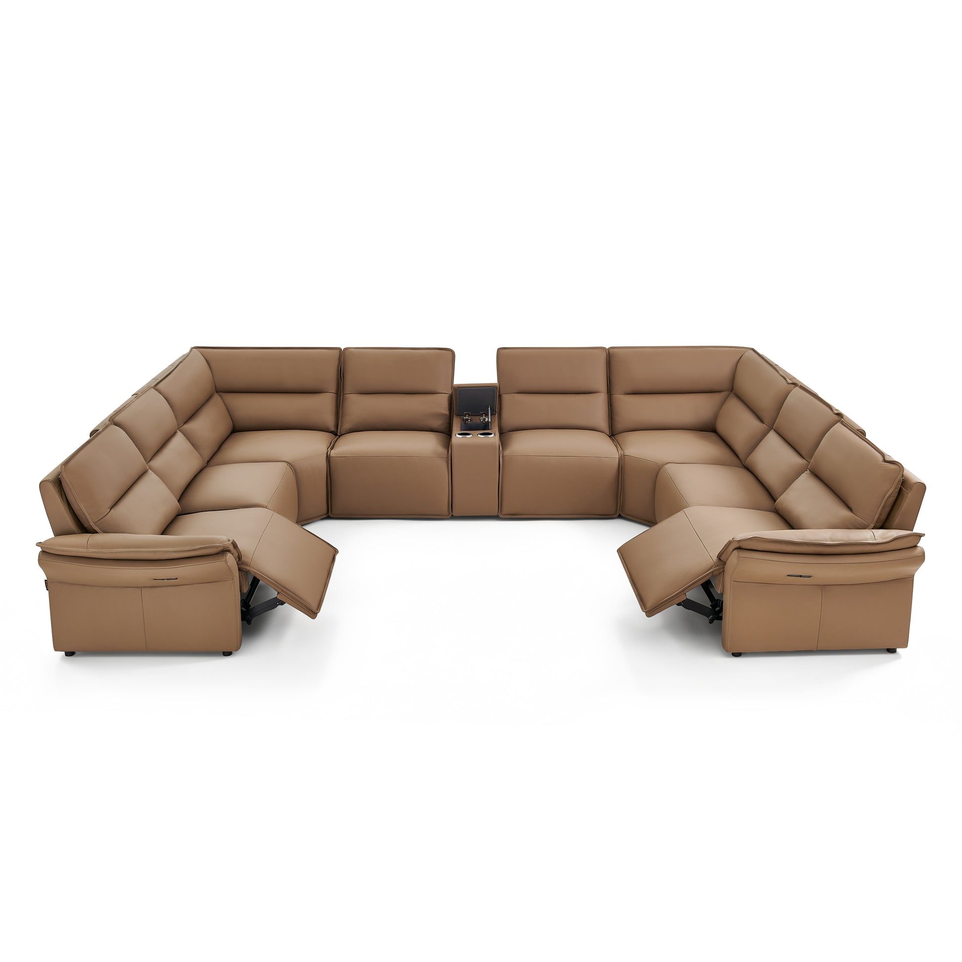 Brown sectional sofa with reclining seats on a white background