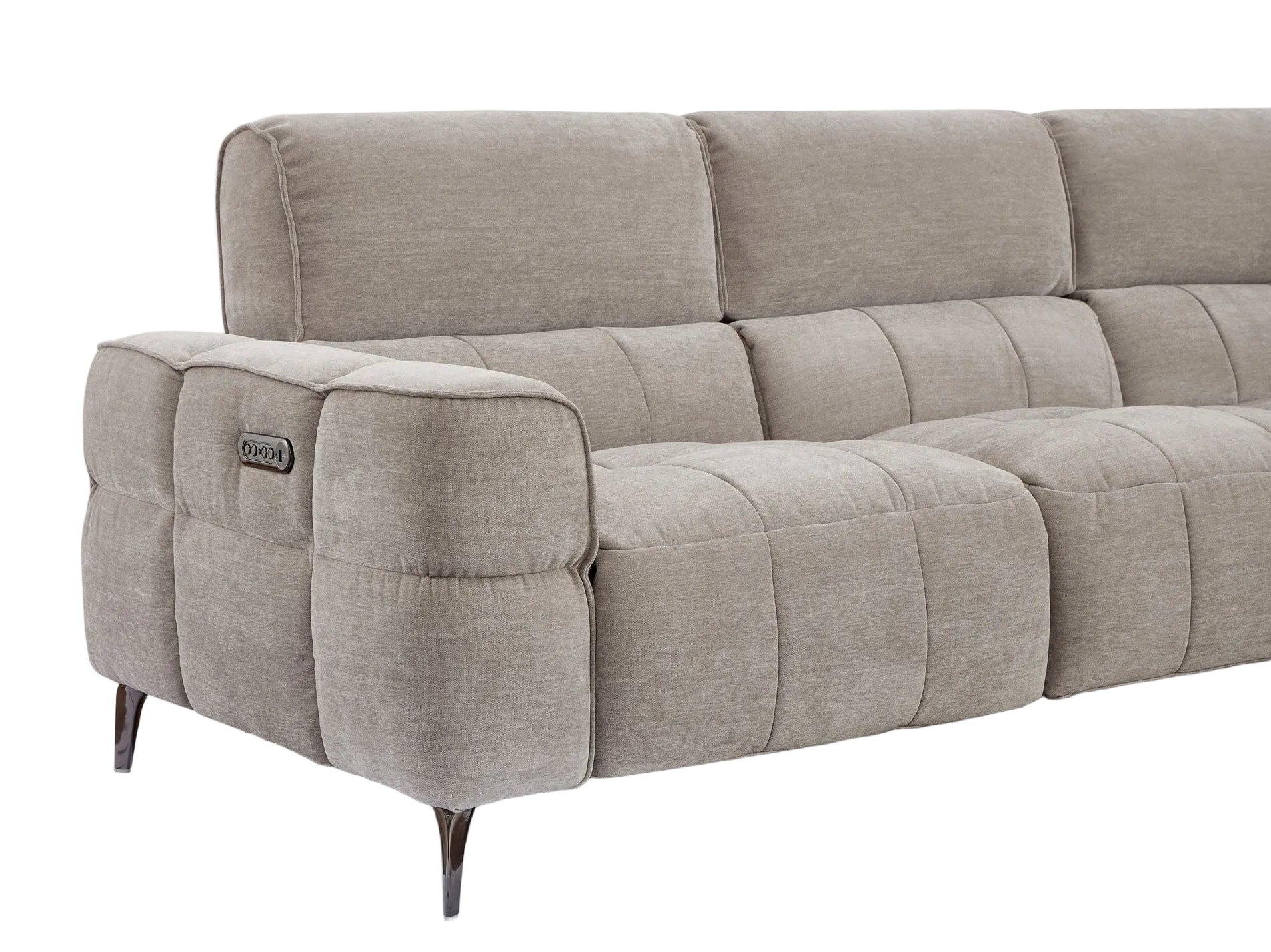 A modern light brown fabric power reclining sofa features plush tufted cushions and a built-in control panel with a USB port for comfortable living room seating.