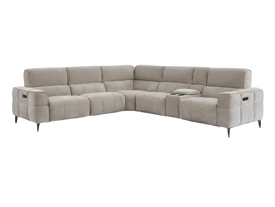 A modern light gray L-shaped power reclining sectional sofa showcases textured fabric and a built-in console with cup holders.