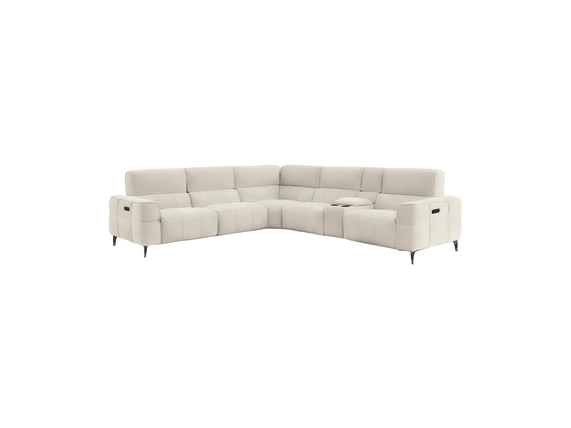 A modern L-shaped sectional sofa upholstered in light cream or off-white leather, shown from a three-quarter angle against a solid light gray background.