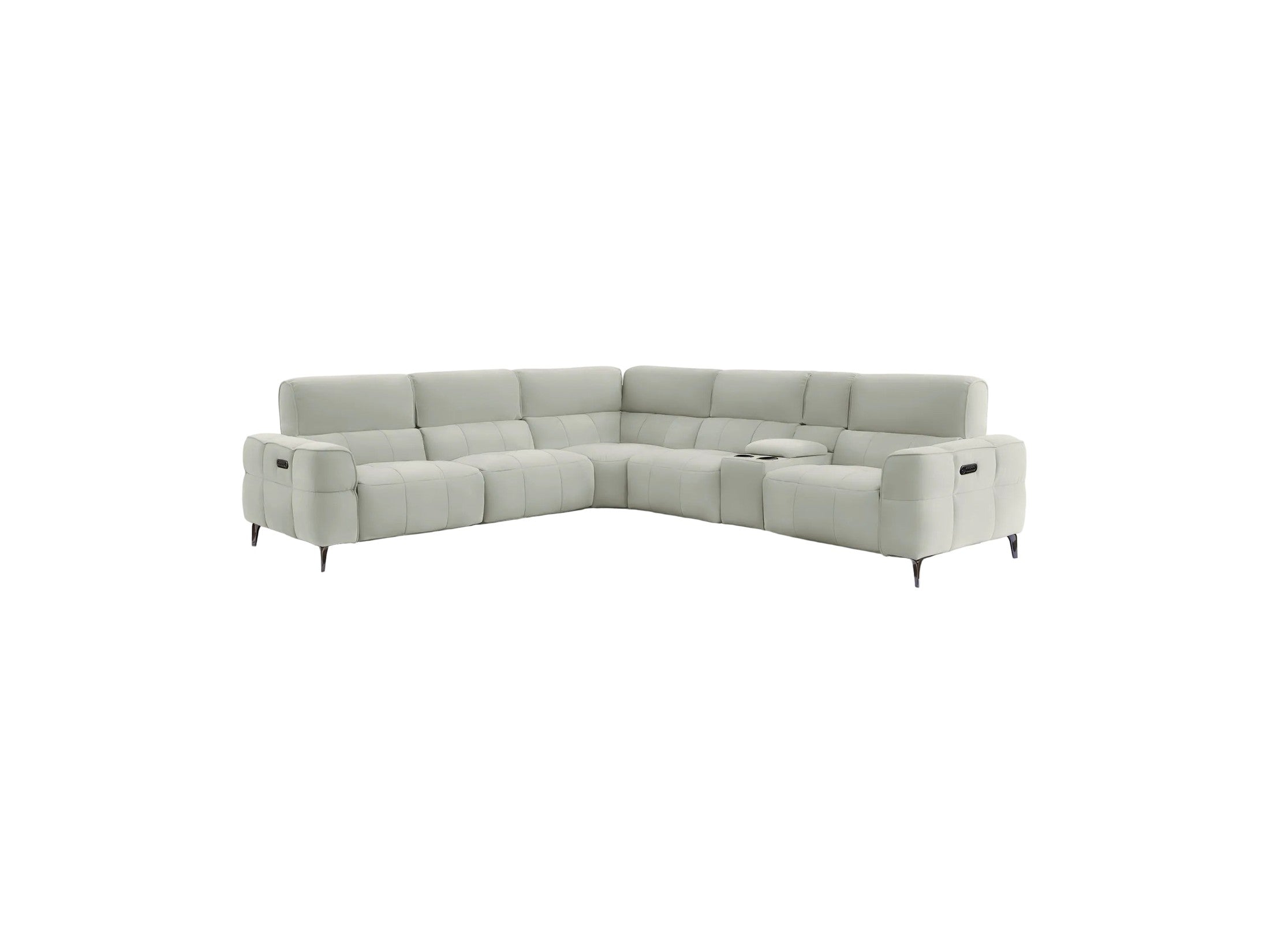 A light gray modular sectional sofa with a low-profile design, black metal legs, and a small center console, shown against a solid off-white background.