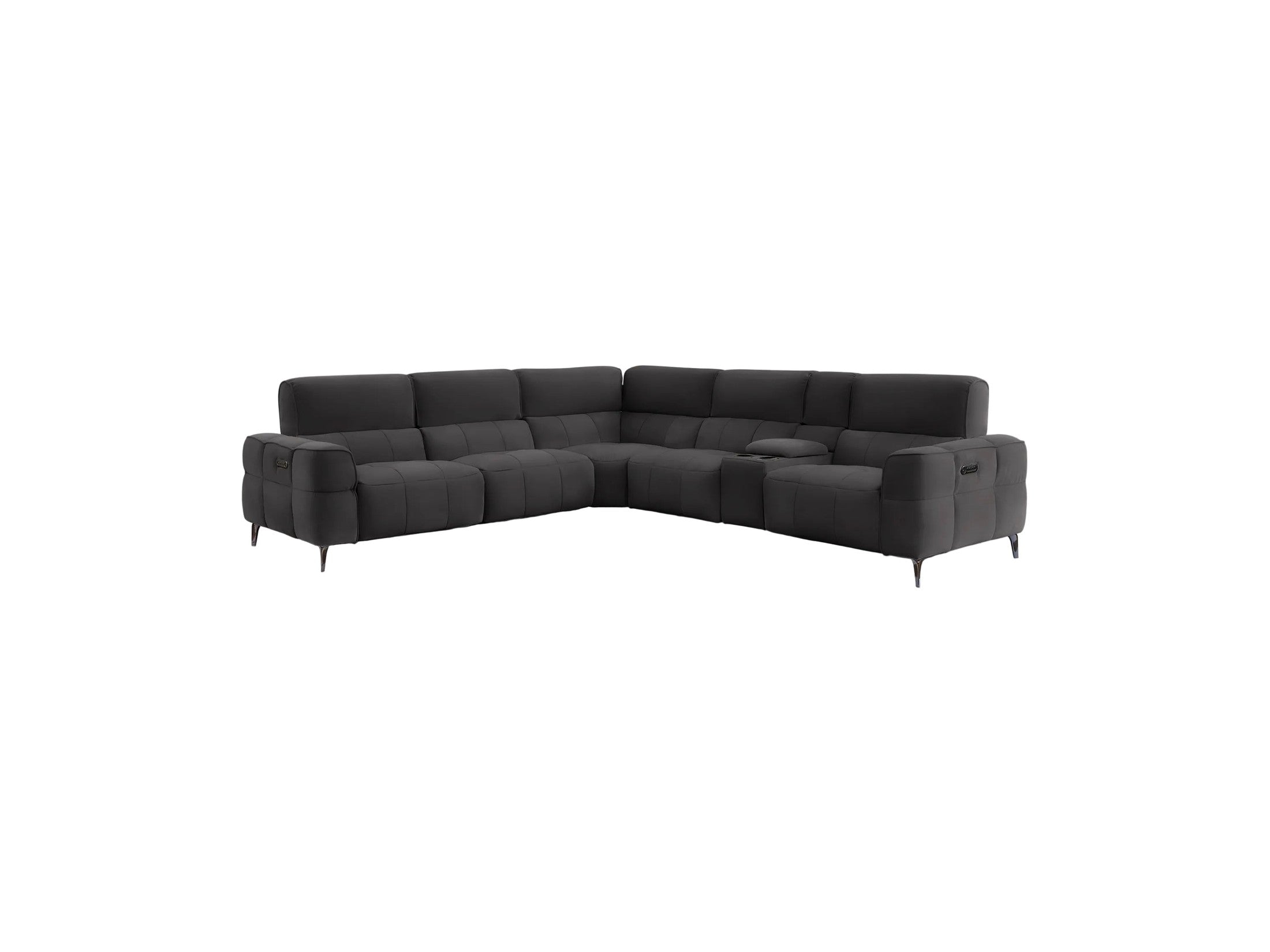 A modern dark gray sectional sofa with a low-profile design, featuring a center coffee table insert and slim black legs, shown against a plain light gray background.