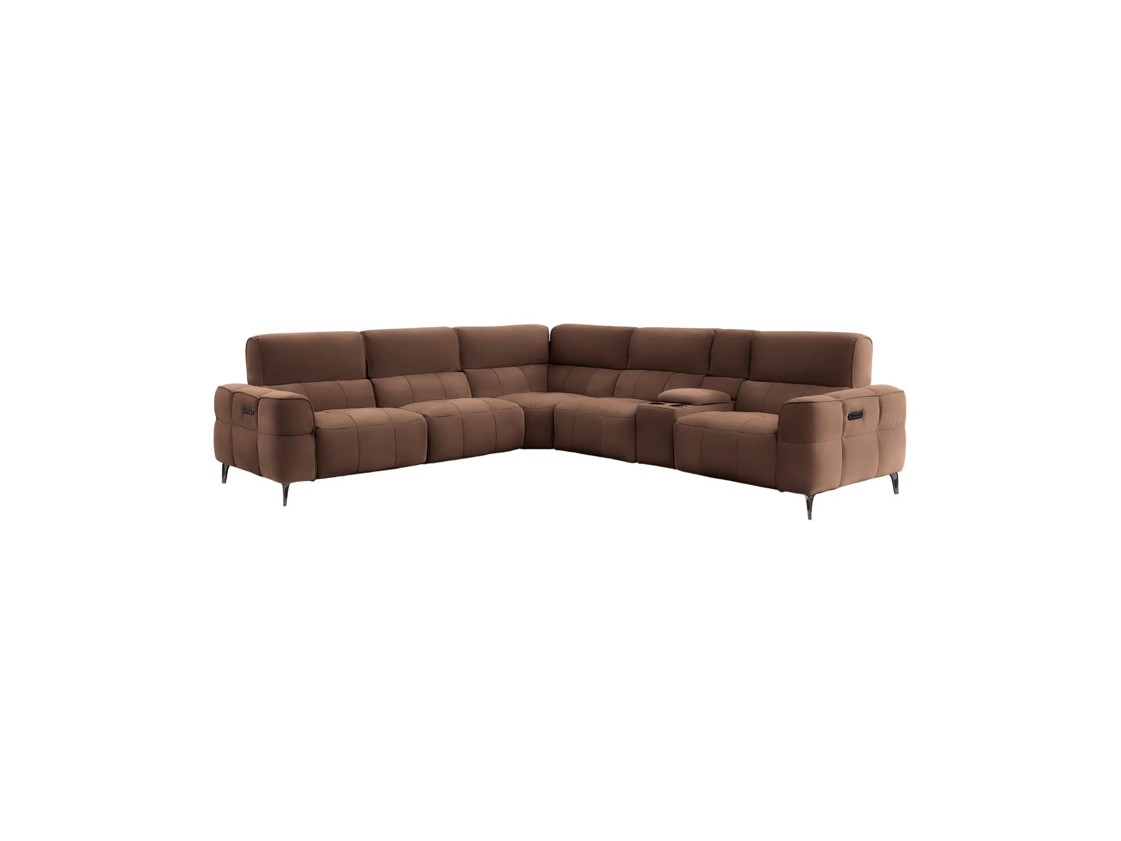 A modern L-shaped sectional sofa upholstered in brown fabric, shown from a three-quarter angle against a light gray background.