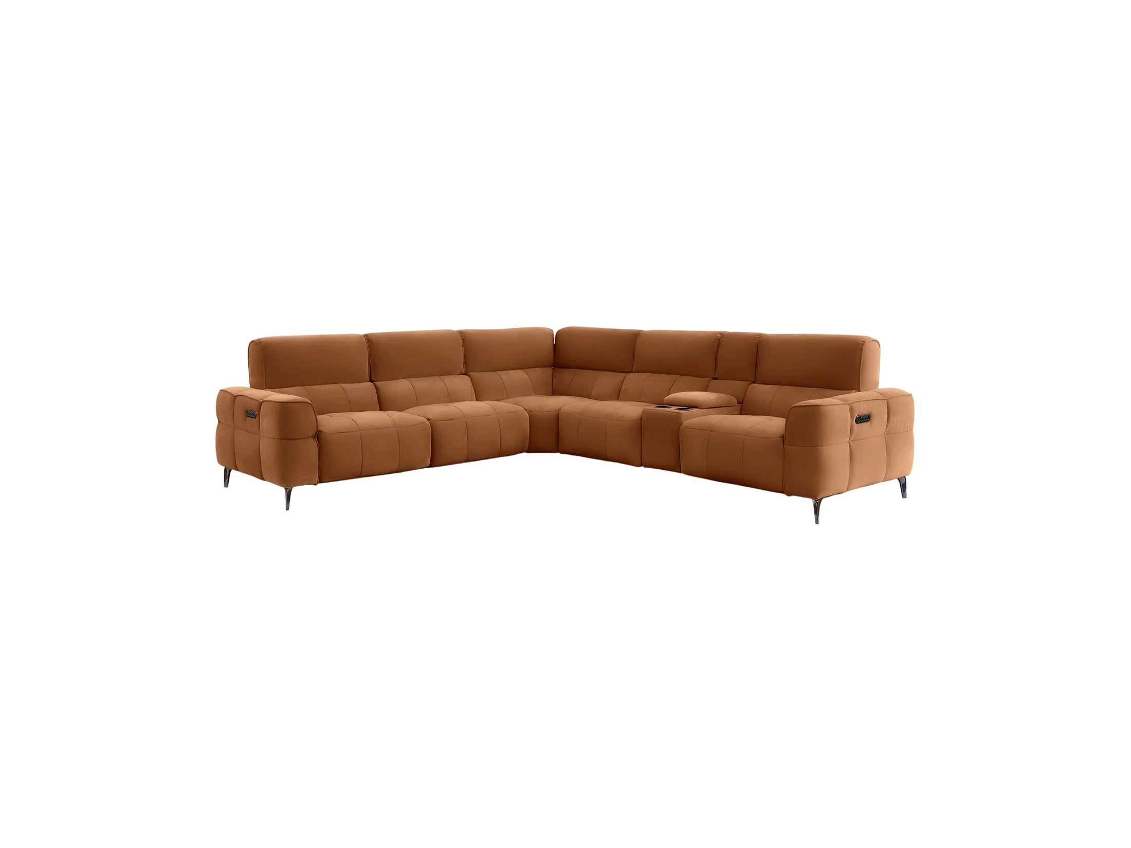 A modern L-shaped sectional sofa upholstered in warm camel brown fabric, shown from a three-quarter angle against a light gray background.