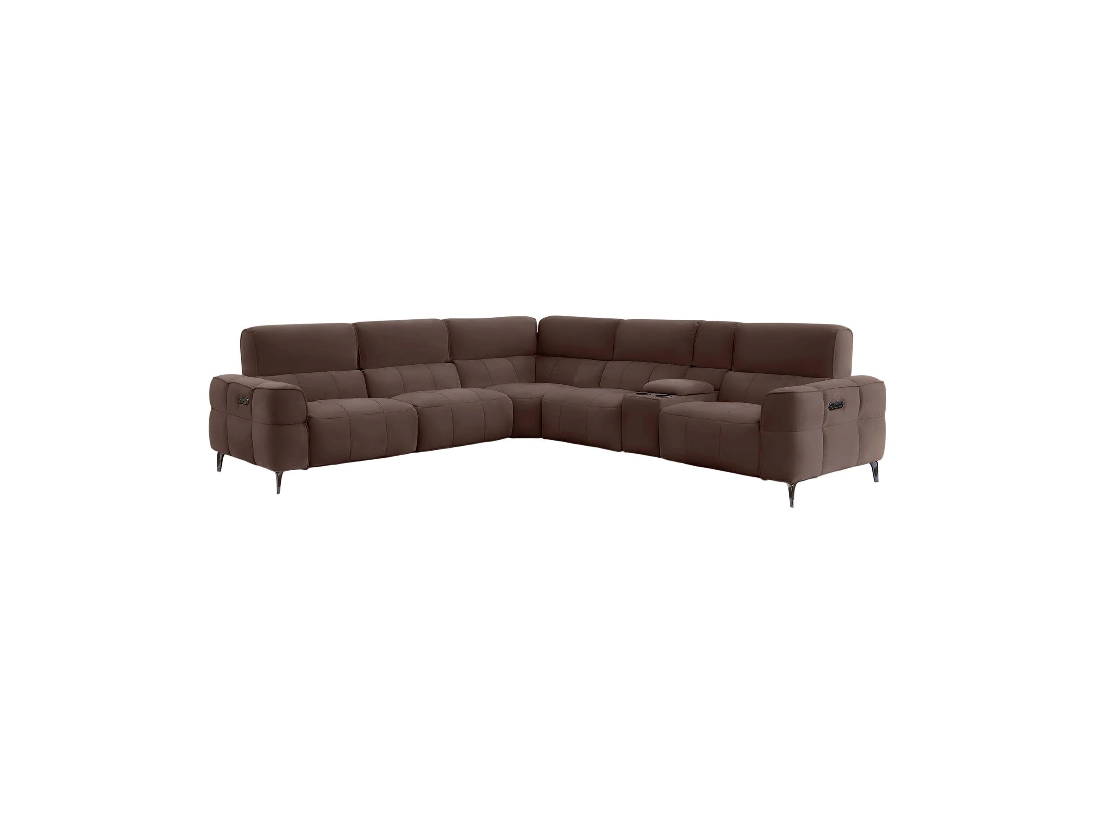 A modern L-shaped sectional sofa upholstered in dark brown fabric, shown from a three-quarter angle against a light gray background.
