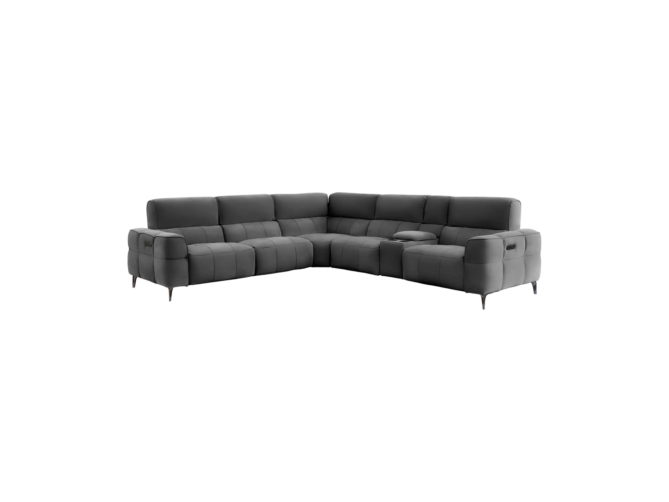 A modern L-shaped sectional sofa upholstered in taupe fabric, featuring segmented cushions, slim black metal legs, and a small center console, shown against a solid light gray background.