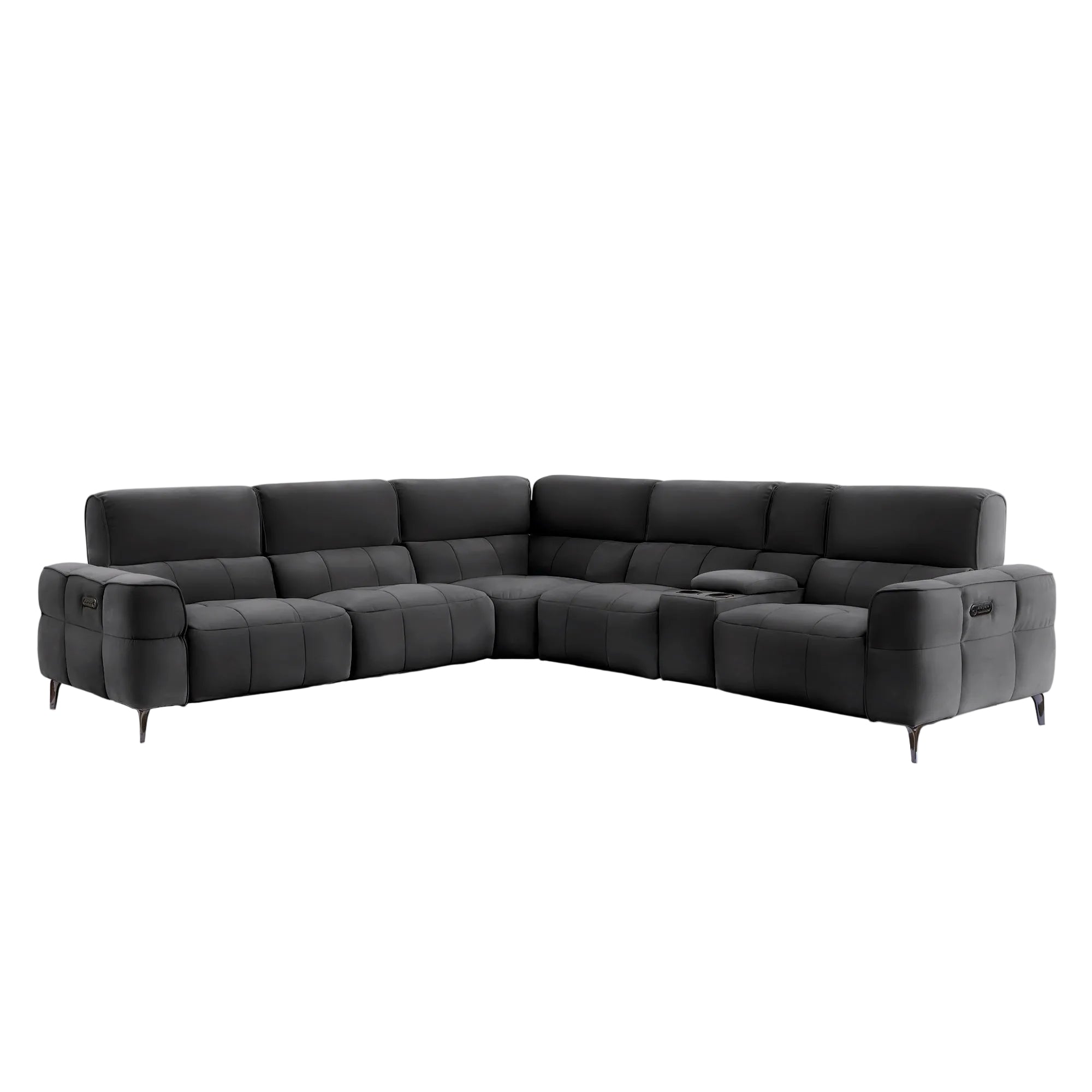 A modern dark gray sectional sofa with a low-profile design, featuring a center coffee table insert and slim black legs, shown against a plain light gray background.
