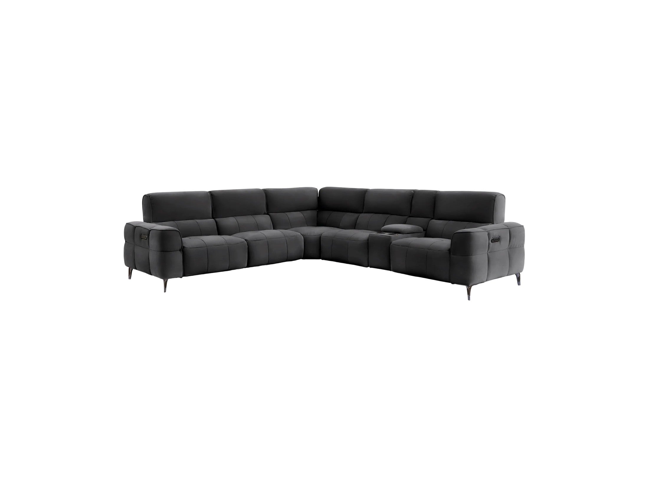 A modern dark gray sectional sofa with a low-profile design, featuring a center coffee table insert and slim black legs, shown against a plain light gray background.