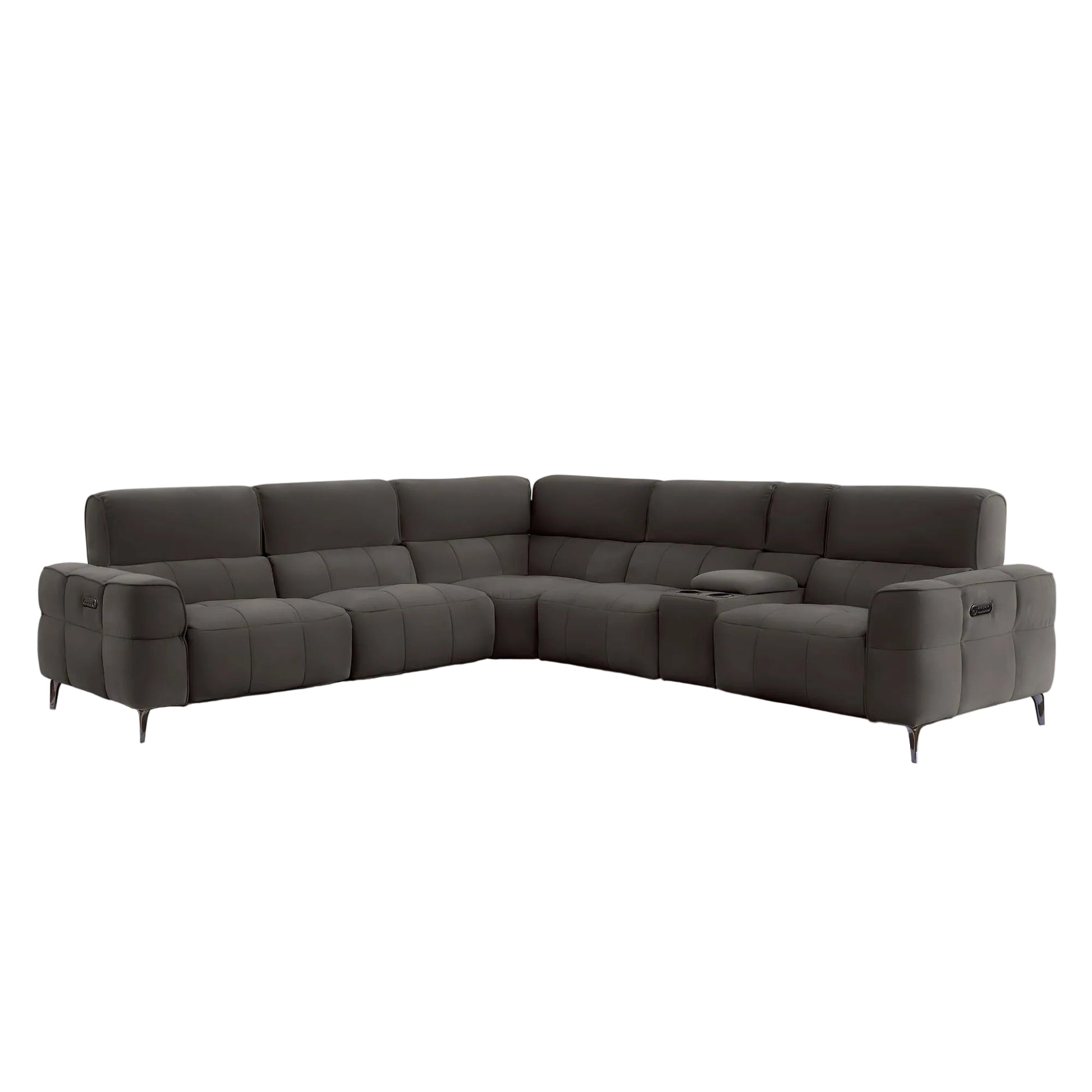 A modern dark gray sectional sofa with a low-profile design, featuring a center coffee table insert and slim black legs, shown against a plain light gray background.