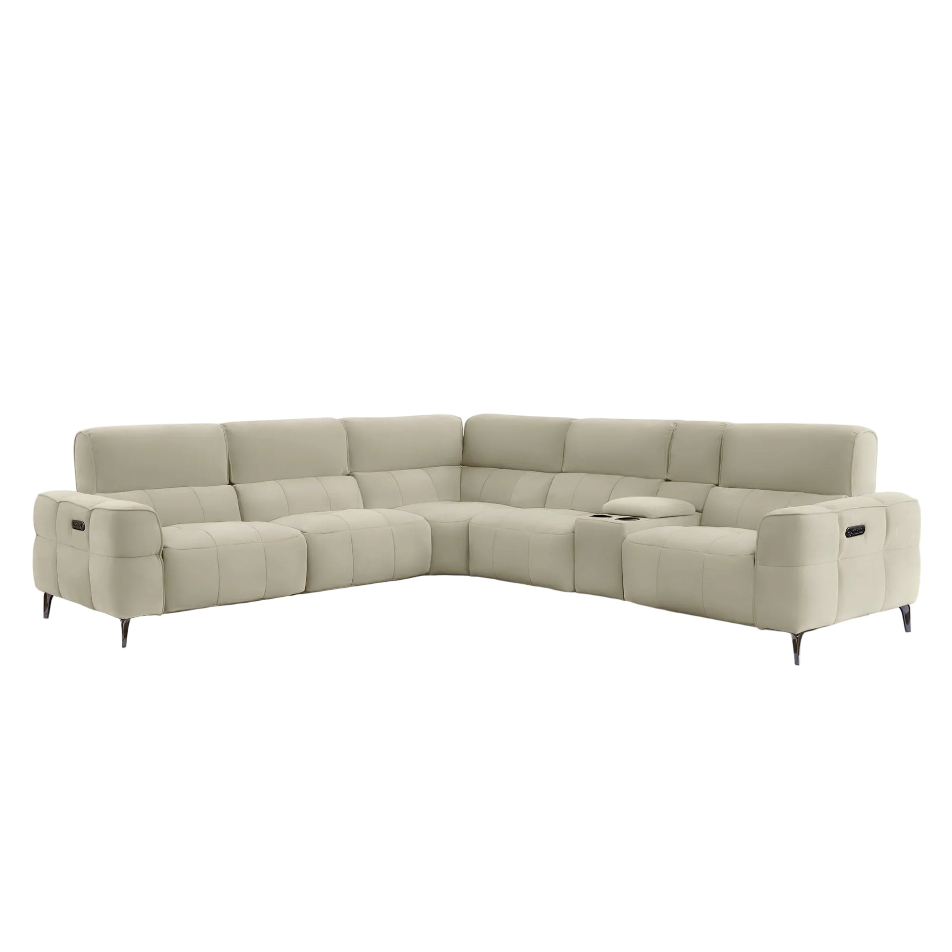A light gray modular sectional sofa with a low-profile design, black metal legs, and a small center console, shown against a solid off-white background.