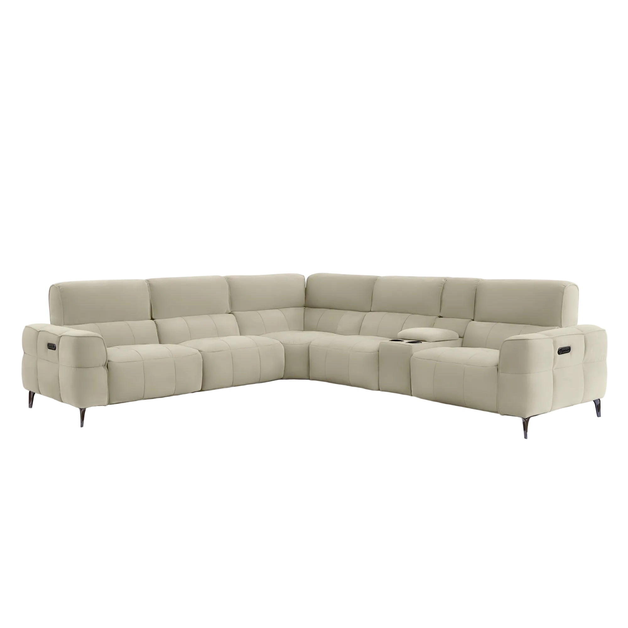 A light gray modular sectional sofa with a low-profile design, black metal legs, and a small center console, shown against a solid off-white background.