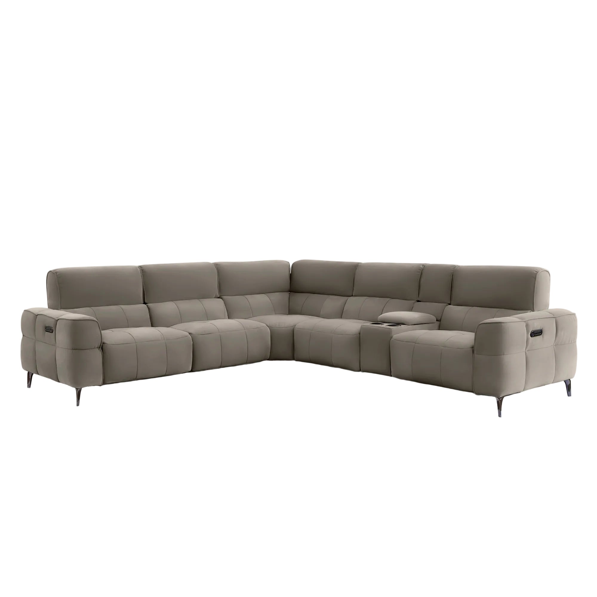 A modern L-shaped sectional sofa upholstered in taupe fabric, featuring segmented cushions, slim black metal legs, and a small center console, shown against a solid light gray background.