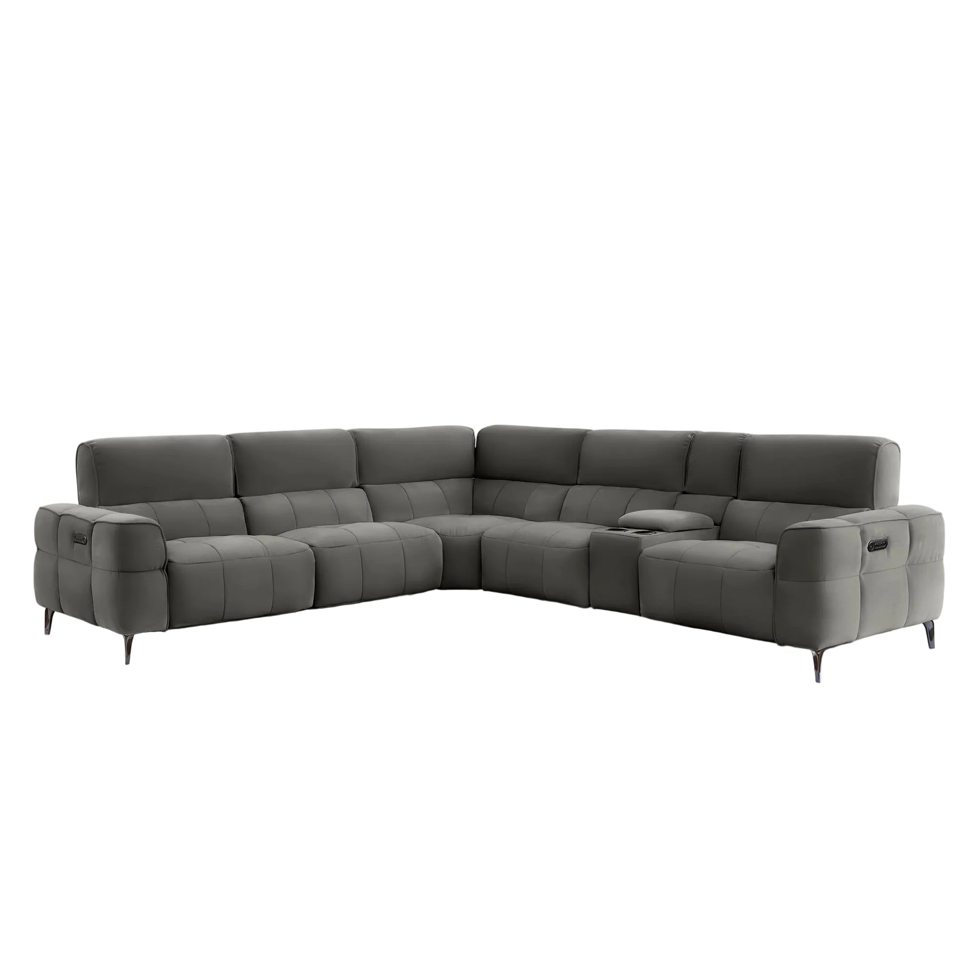 A modern L-shaped sectional sofa upholstered in taupe fabric, featuring segmented cushions, slim black metal legs, and a small center console, shown against a solid light gray background.