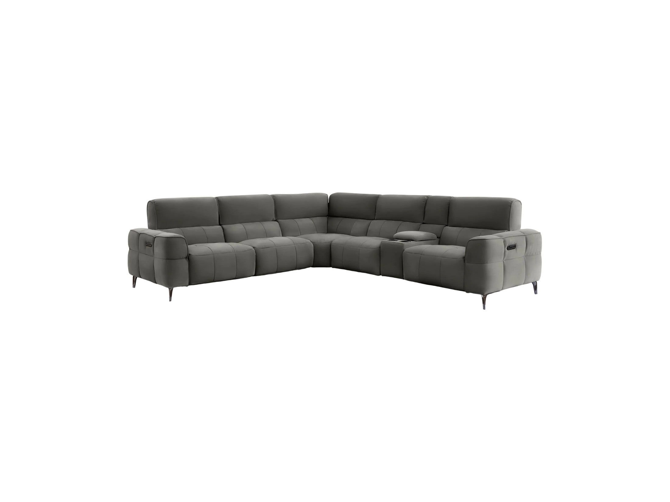 A modern L-shaped sectional sofa upholstered in taupe fabric, featuring segmented cushions, slim black metal legs, and a small center console, shown against a solid light gray background.