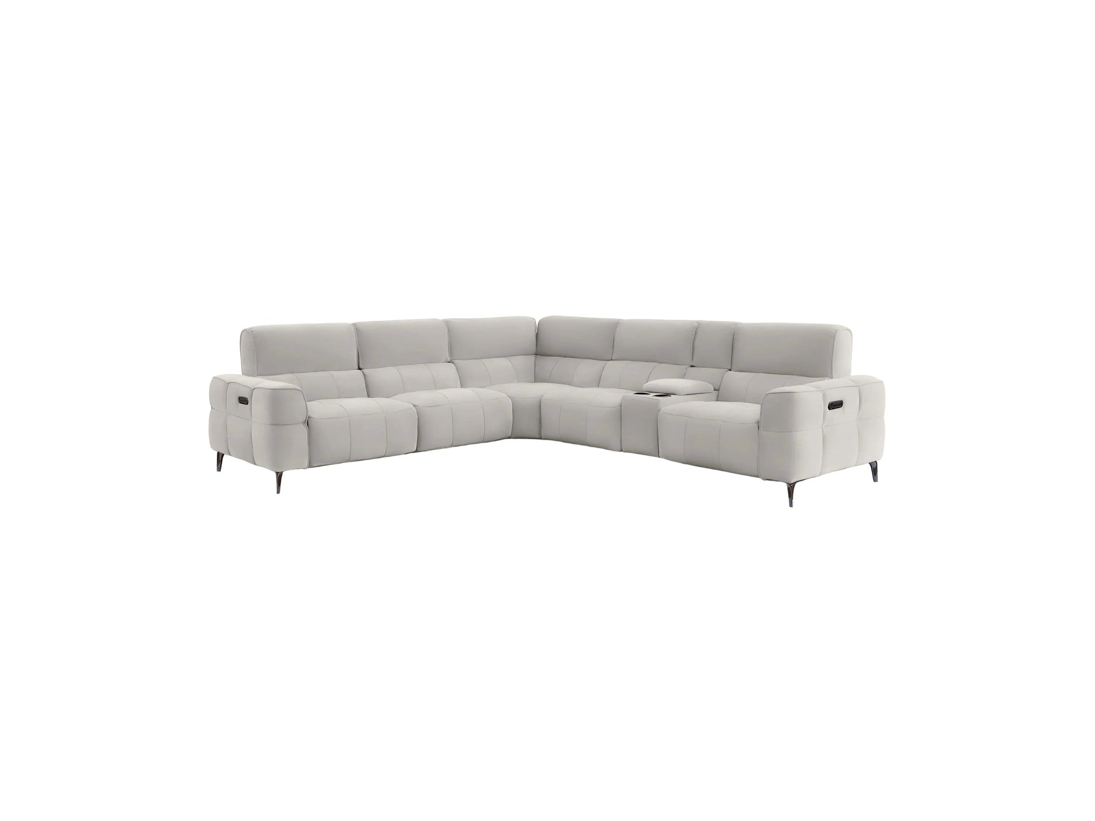 A light gray modular sectional sofa with a low-profile design, black metal legs, and a small center console, shown against a solid off-white background.