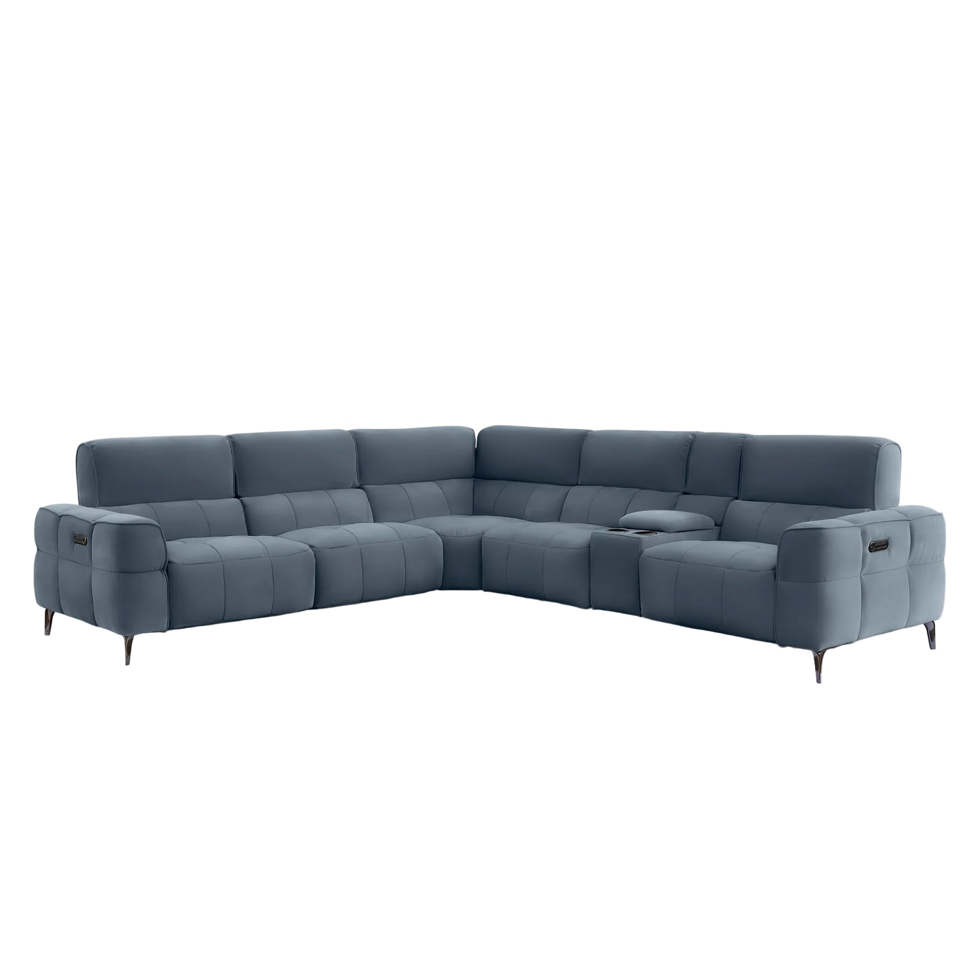 A modern L-shaped sectional sofa upholstered in a textured slate blue fabric, featuring deep channel tufting, slim black metal legs, and a small center console cup holder, shown against a solid light gray background.