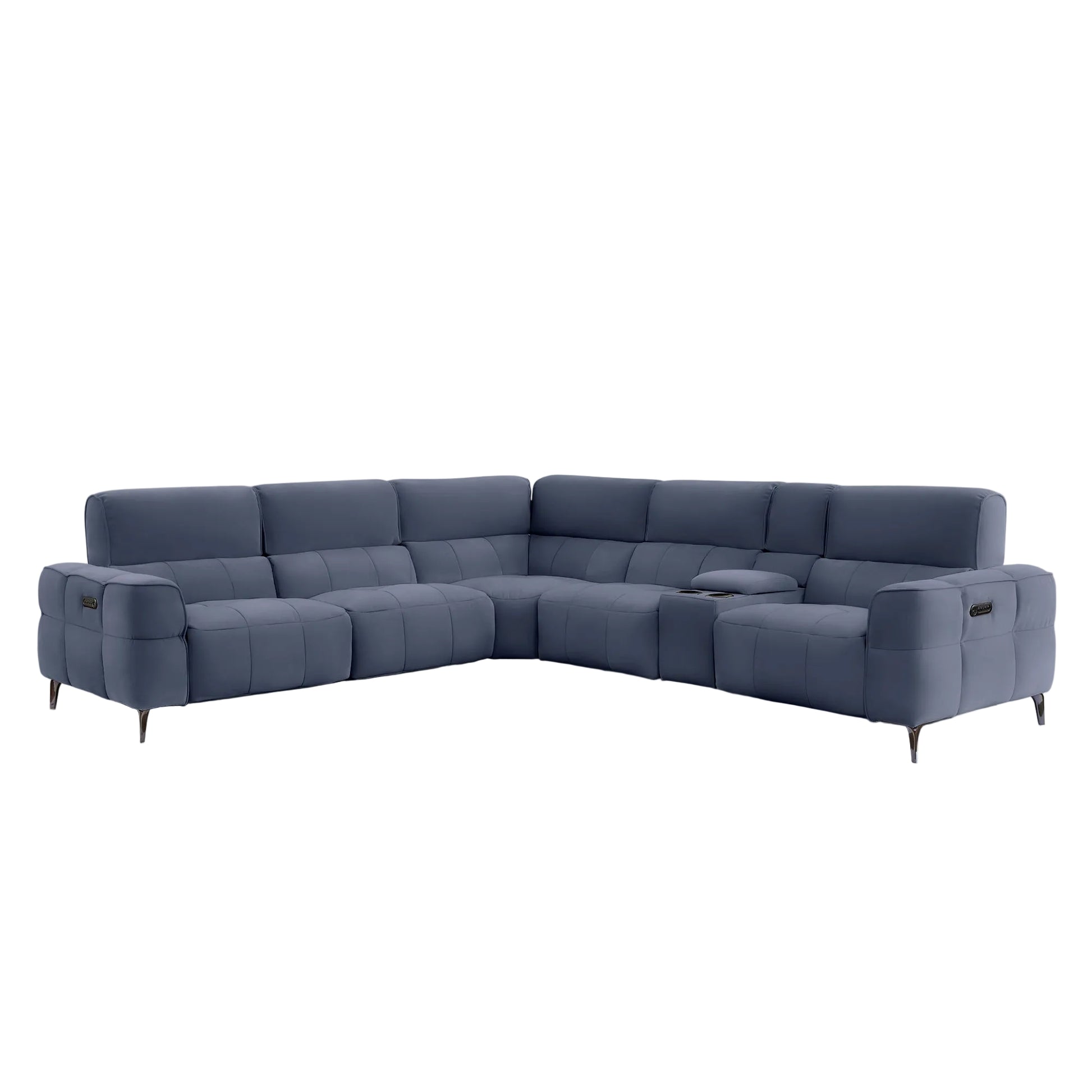 A modern L-shaped sectional sofa upholstered in a textured slate blue fabric, shown from a three-quarter angle against a light gray background.